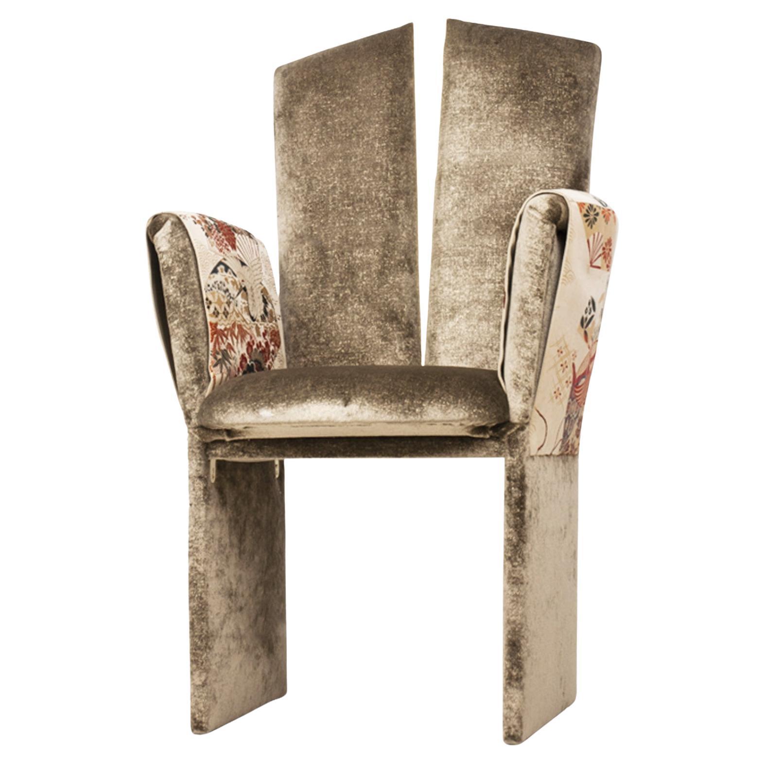 "Kimono" Contemporary Chair, Velvet, vintage Kimono Silk , Silvered Glass, Brass For Sale