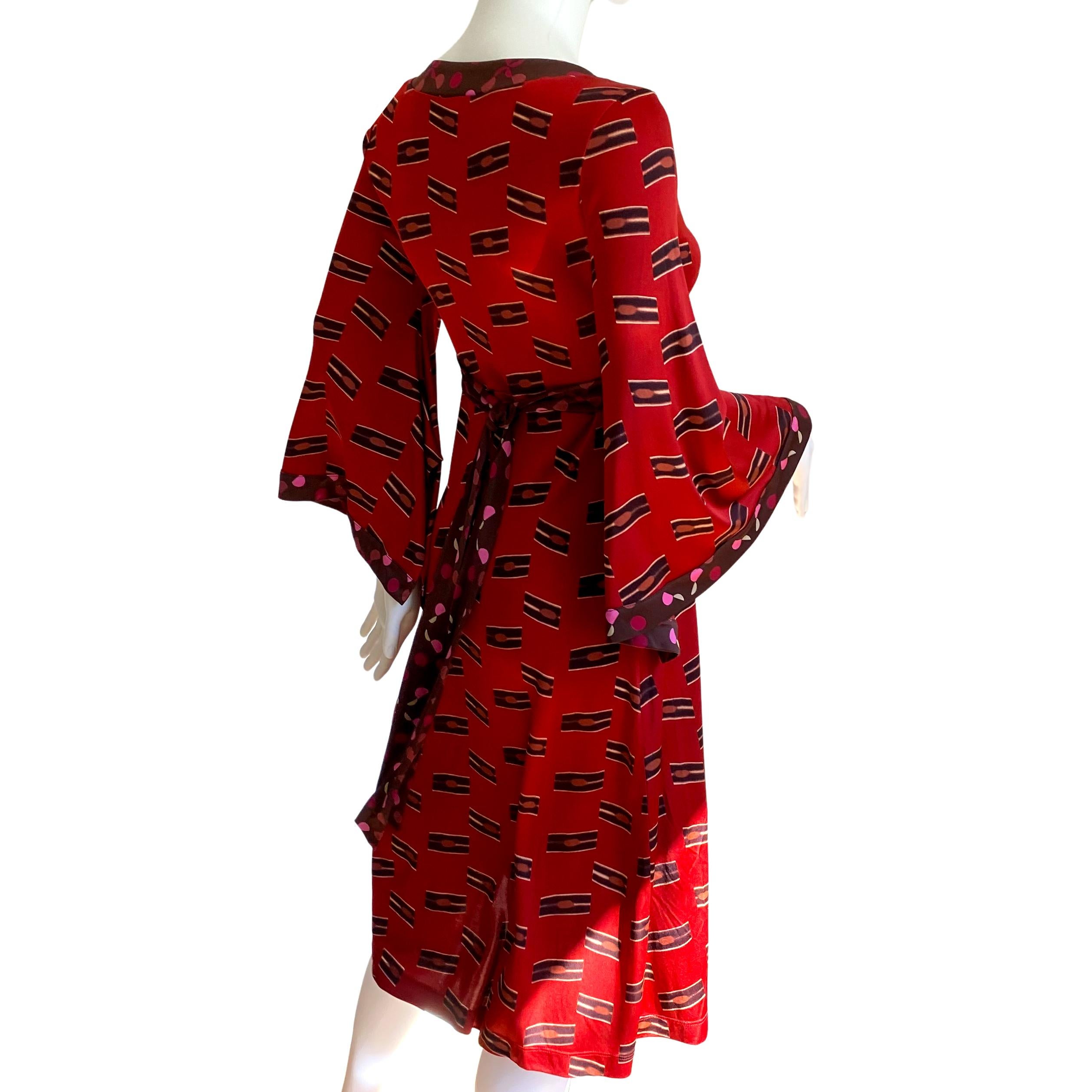 Red Japanese Woodblock Print Boho Kimono Silk dress Flora Kung - NWT For Sale
