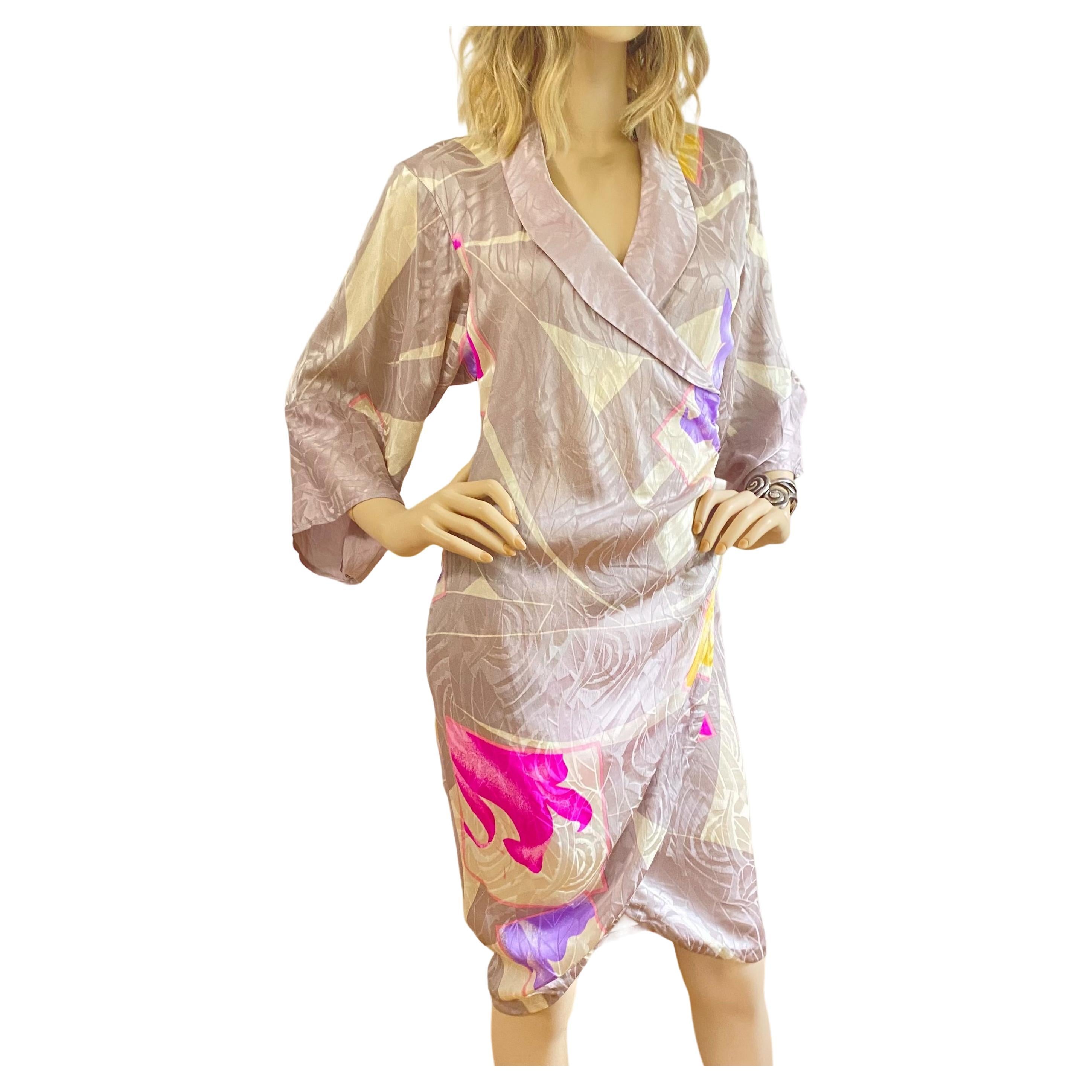 Kimono Sleeves Champagne Floral Silk Wrap Dress - Flora Kung NWT For Sale