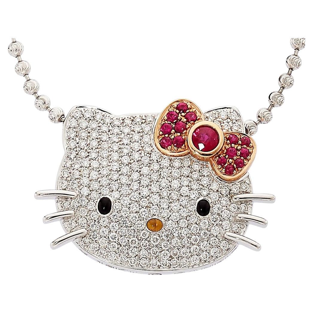 Kimora Lee Simon 18k WG 1.30ct Diamond & 0.65ct Ruby Hello Kitty Necklace 17.5" (collier Hello Kitty)