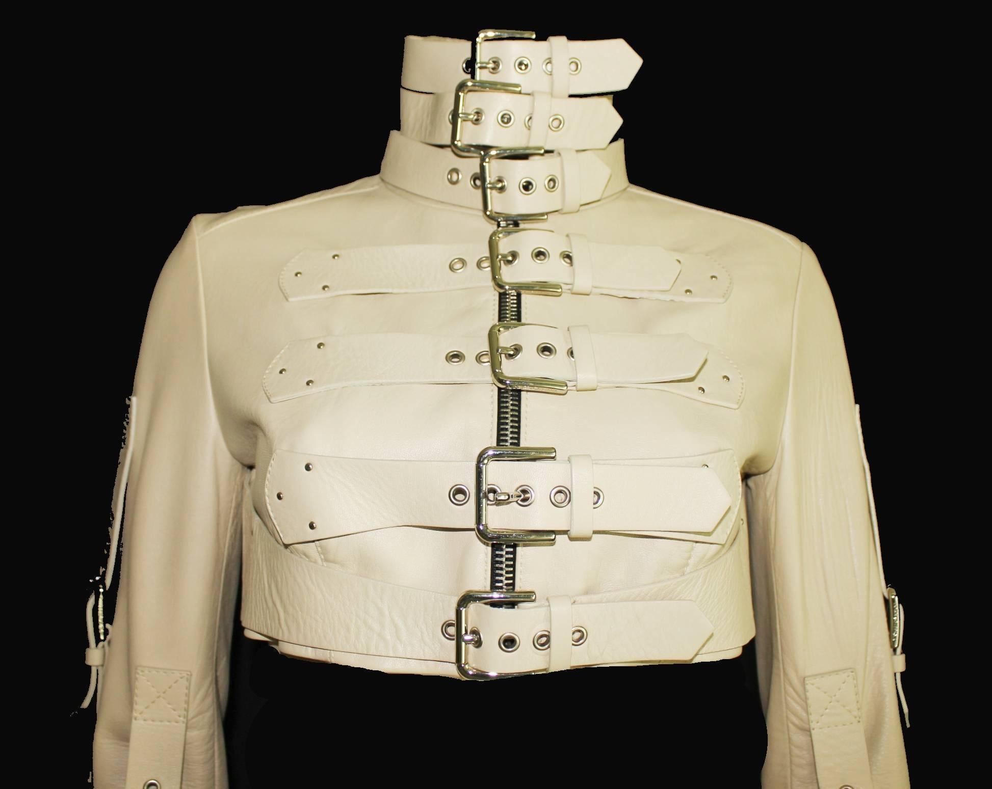 Women's UNWORN Dolce & Gabbana Bondage Buckle Leather Jacket Skirt Suit Ensemble as KIM For Sale