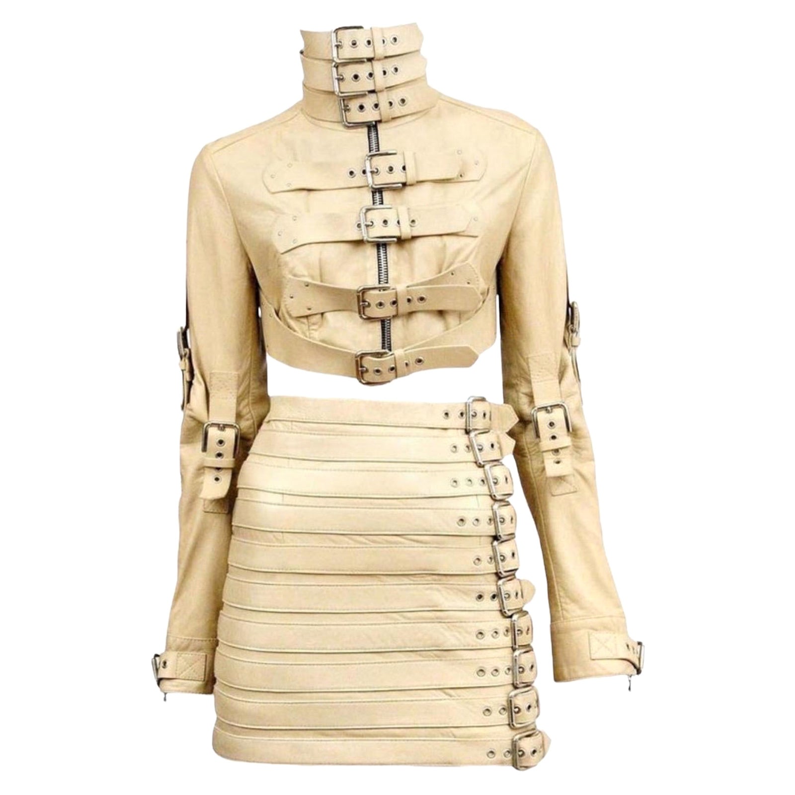 UNWORN Dolce & Gabbana Bondage Buckle Leather Jacket Skirt Suit Ensemble as KIM For Sale