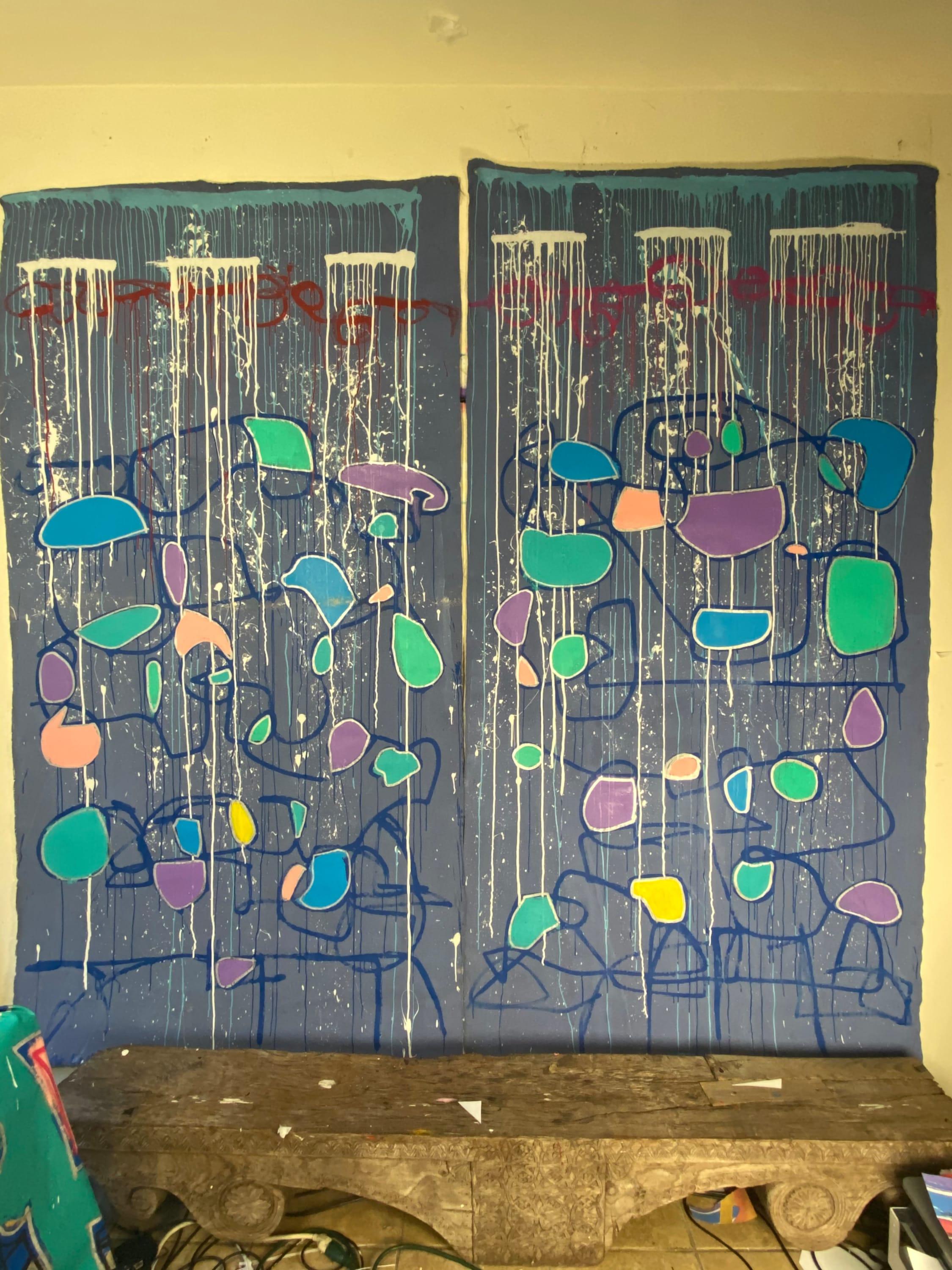 Art Therapy Diptych, mixed media painting on canvas by Kimyon Huggins