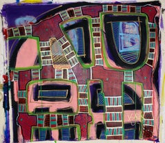 Side Streets of Ridgewood, mixed media painting on canvas by Kimyon Huggins