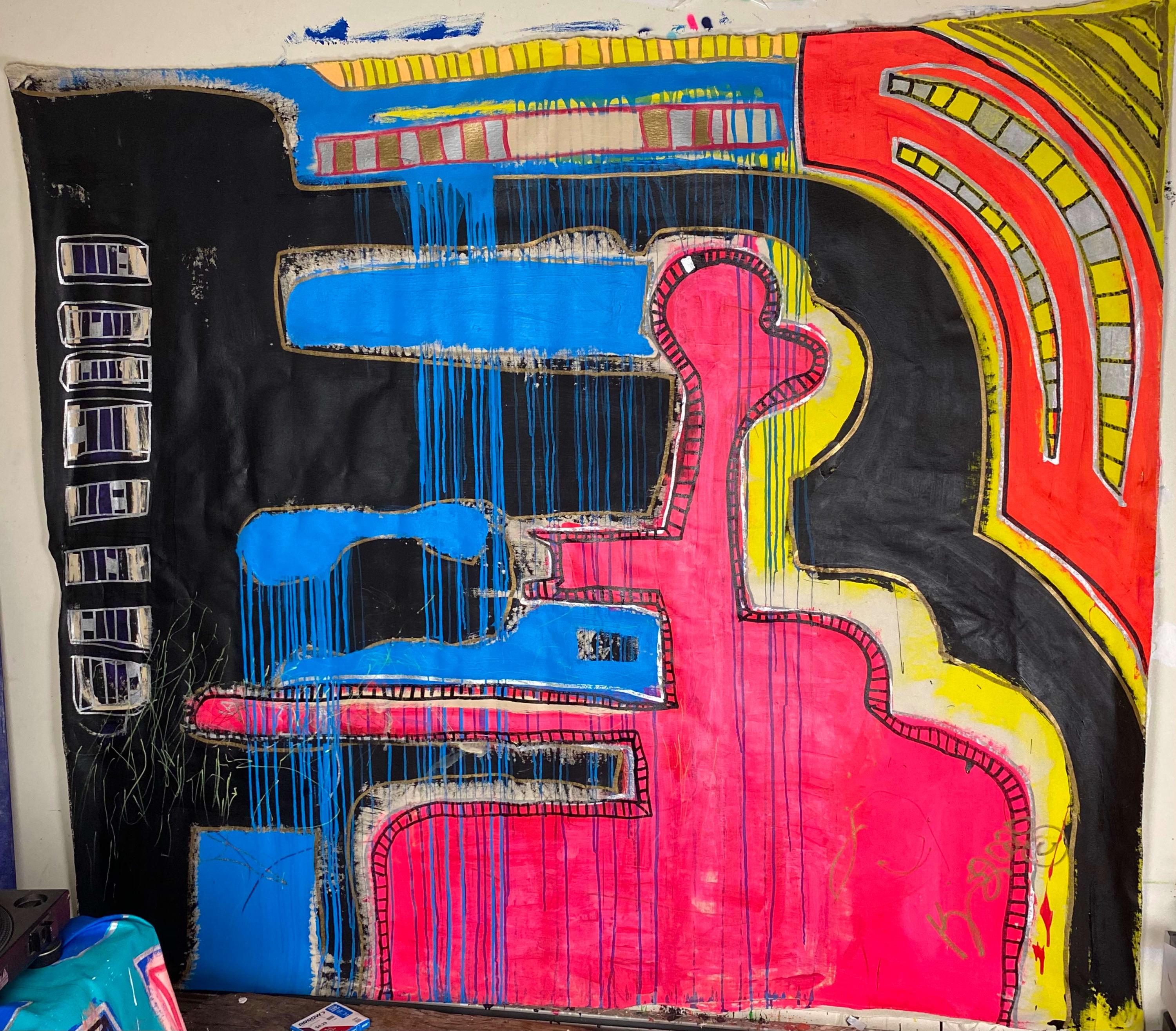 Large boldly coloured abstract painting with high contrast. Mixed media painting on canvas by Kimyon Huggins. Abstract expressionist piece in tones of pink, blue, yellow, orange and black. Signed by artist. 

ARTIST BIO
DJ, Producer, Visual Artist