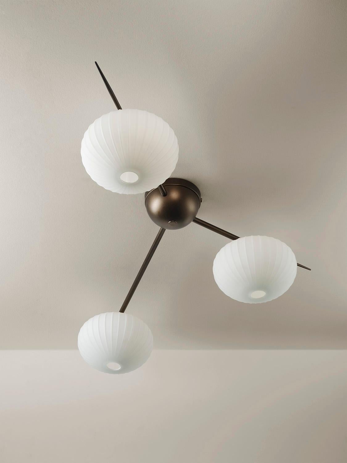 American KINA 3 Flushmount in Bronze and Blown Glass by Blueprint Lighting For Sale