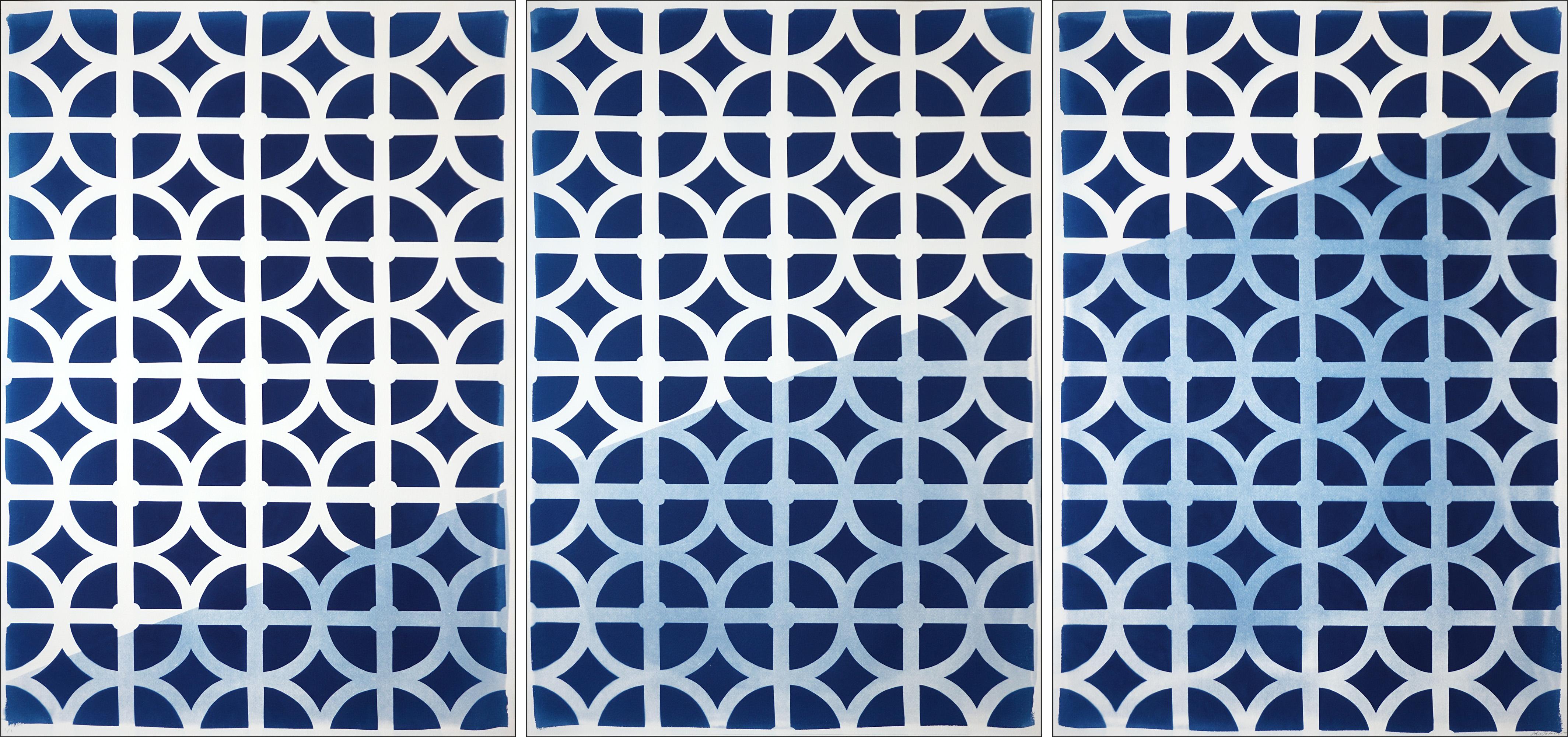 Kind of Cyan Abstract Painting - Art Deco Brick Triptych, Blue Miami Architecture, Unique Monotype Cyanotype