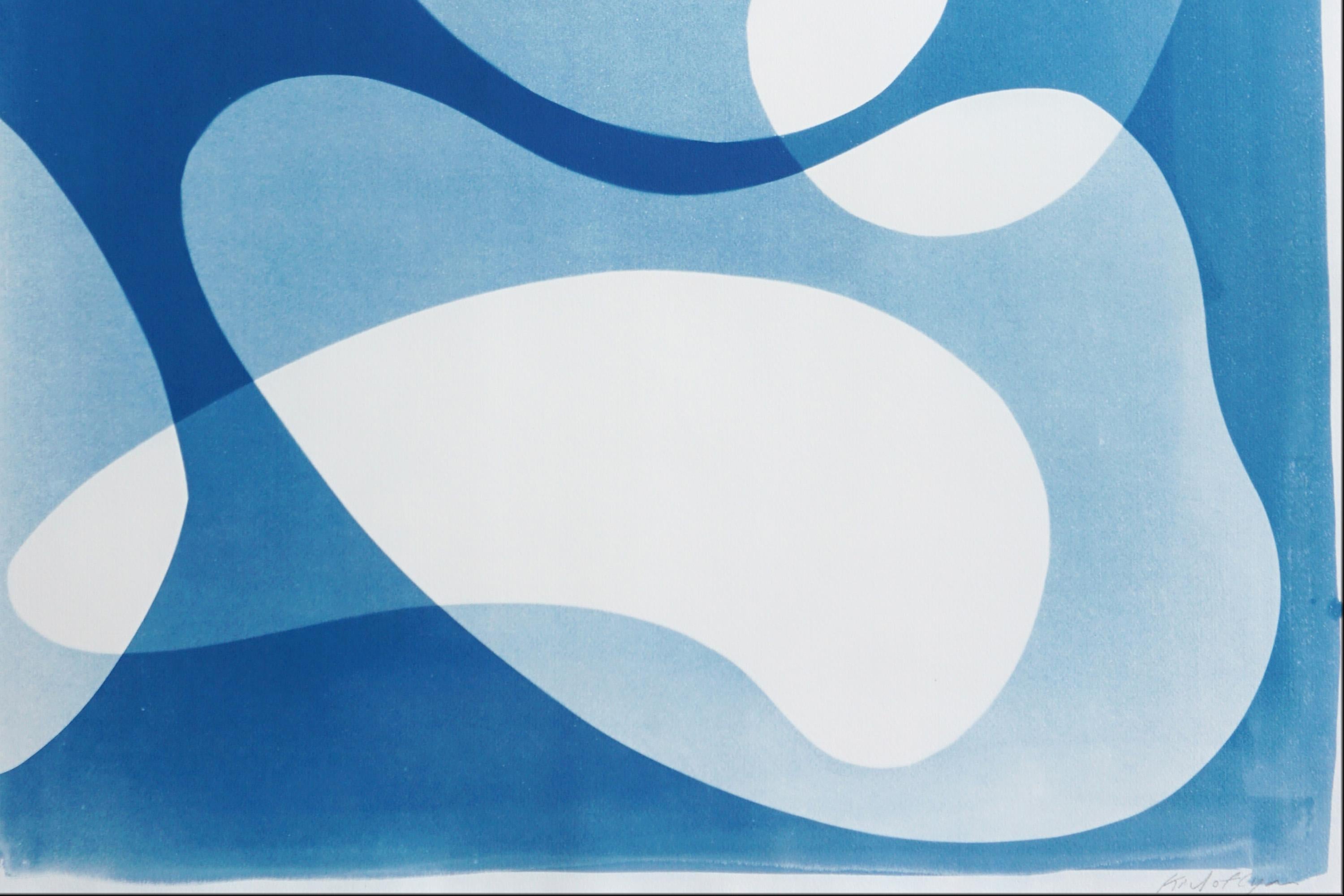 Blue Floating Mobile, Unique Cyanotype Triptych in Blue, Abstract Organic Shapes For Sale 7