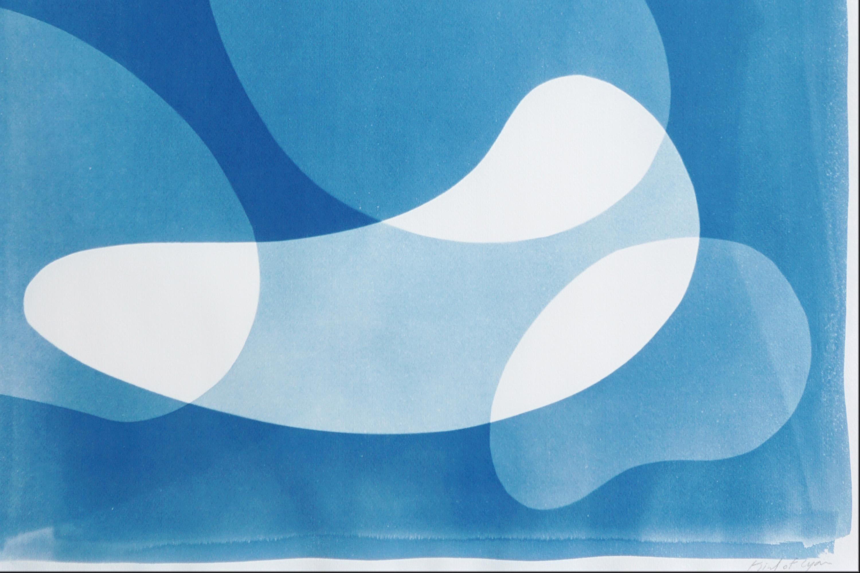 Blue Floating Mobile, Unique Cyanotype Triptych in Blue, Abstract Organic Shapes For Sale 7