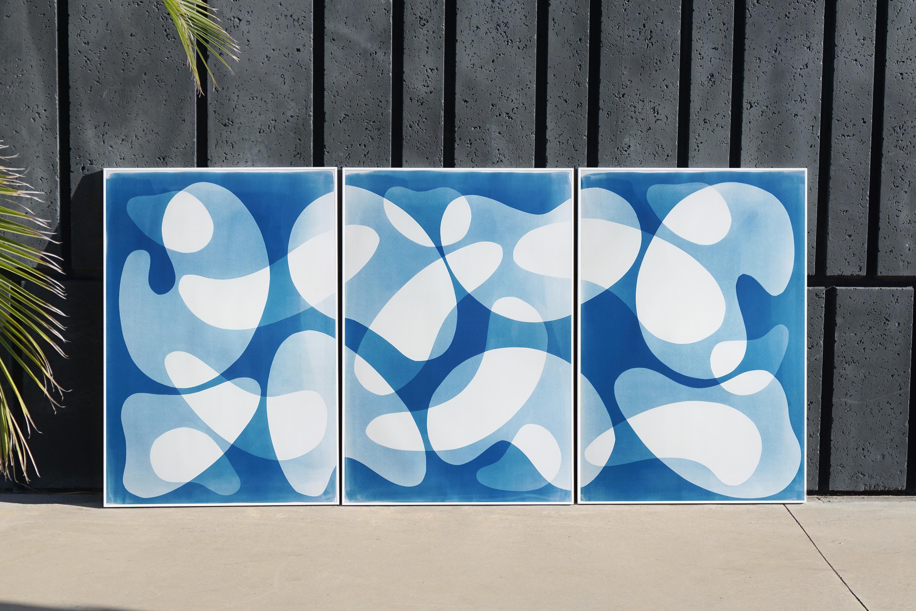 Blue Floating Mobile, Unique Cyanotype Triptych in Blue, Abstract Organic Shapes - Painting by Kind of Cyan