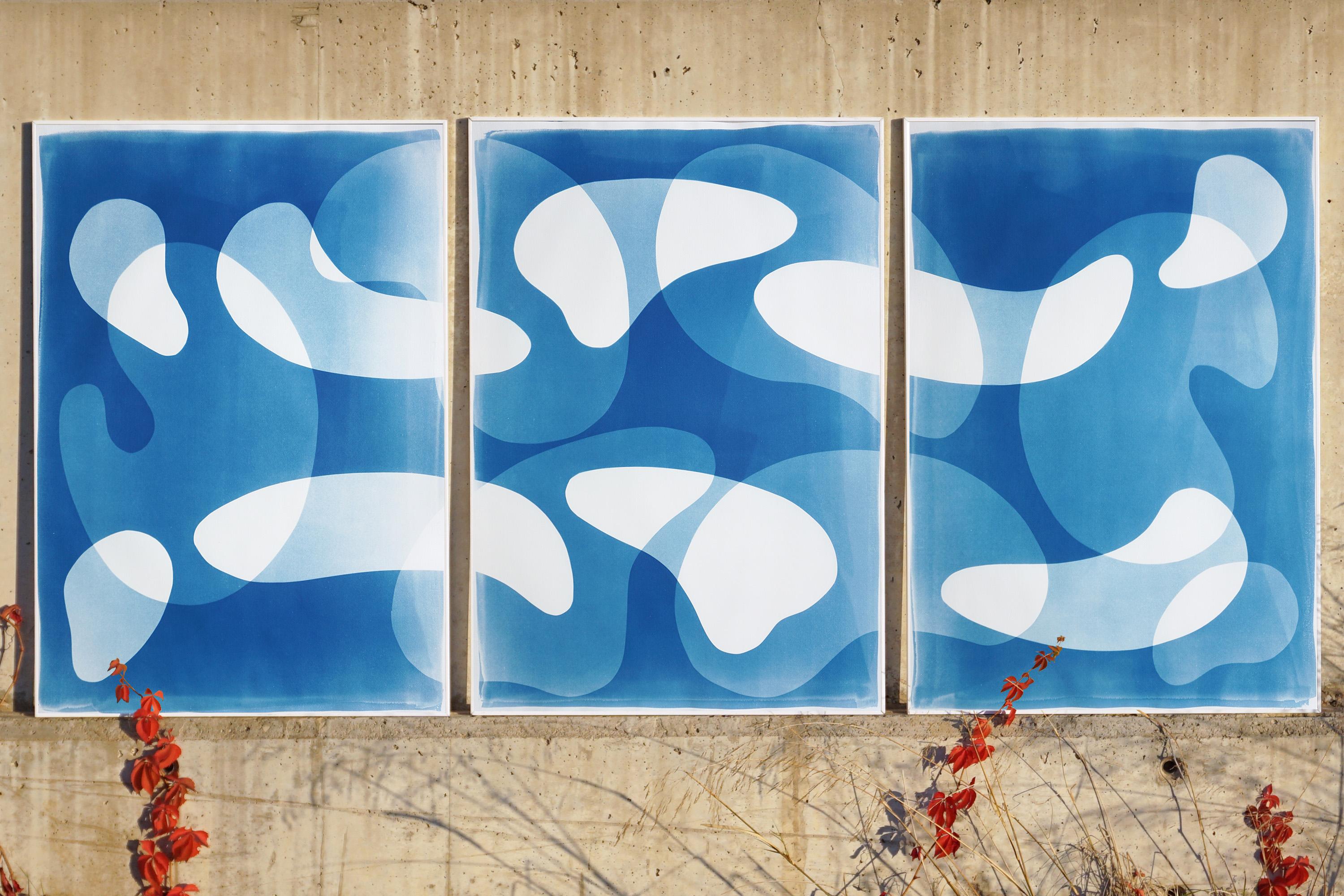 Blue Floating Mobile, Unique Cyanotype Triptych in Blue, Abstract Organic Shapes - Painting by Kind of Cyan