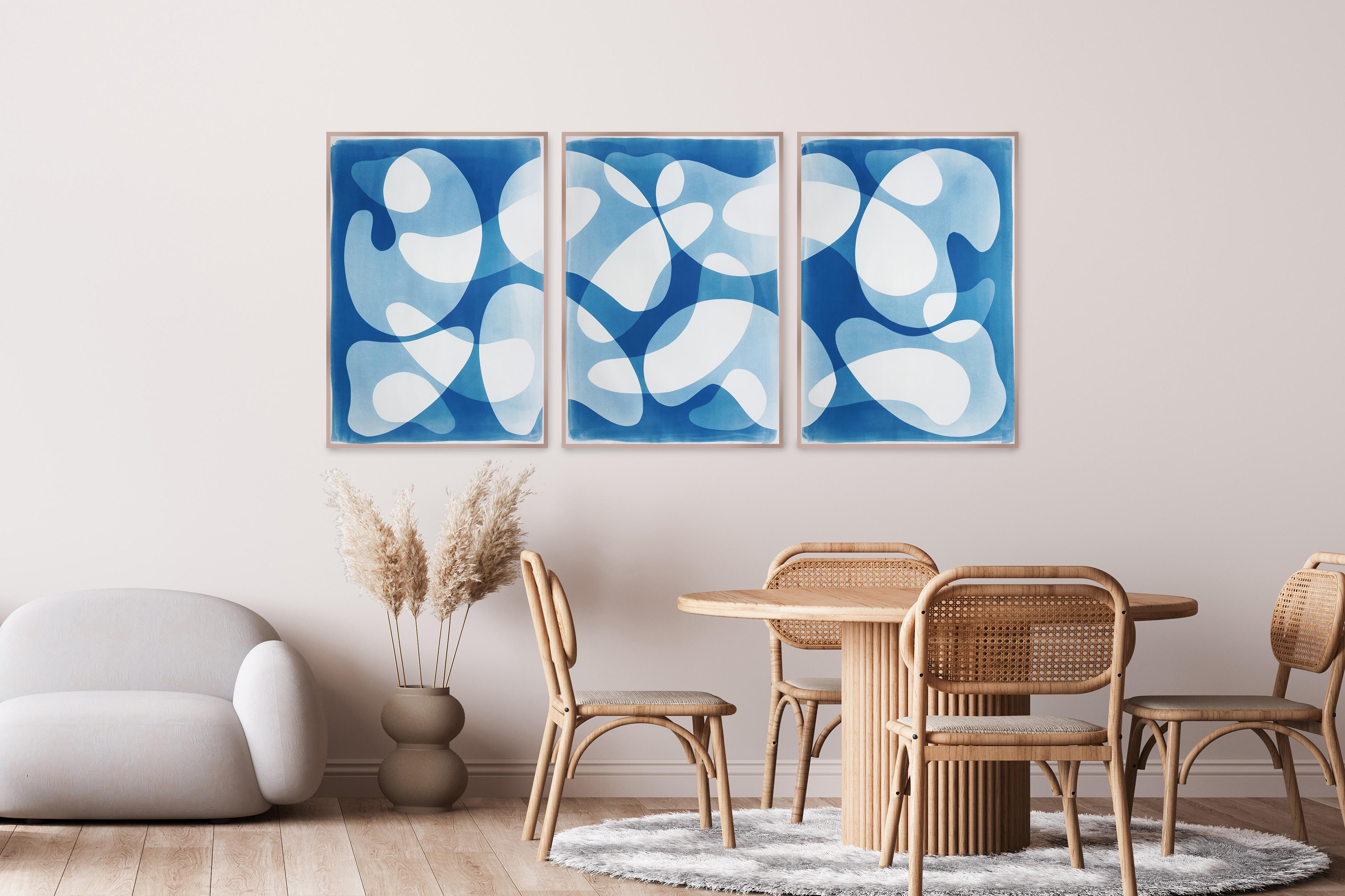 Blue Floating Mobile, Unique Cyanotype Triptych in Blue, Abstract Organic Shapes - Post-Modern Painting by Kind of Cyan