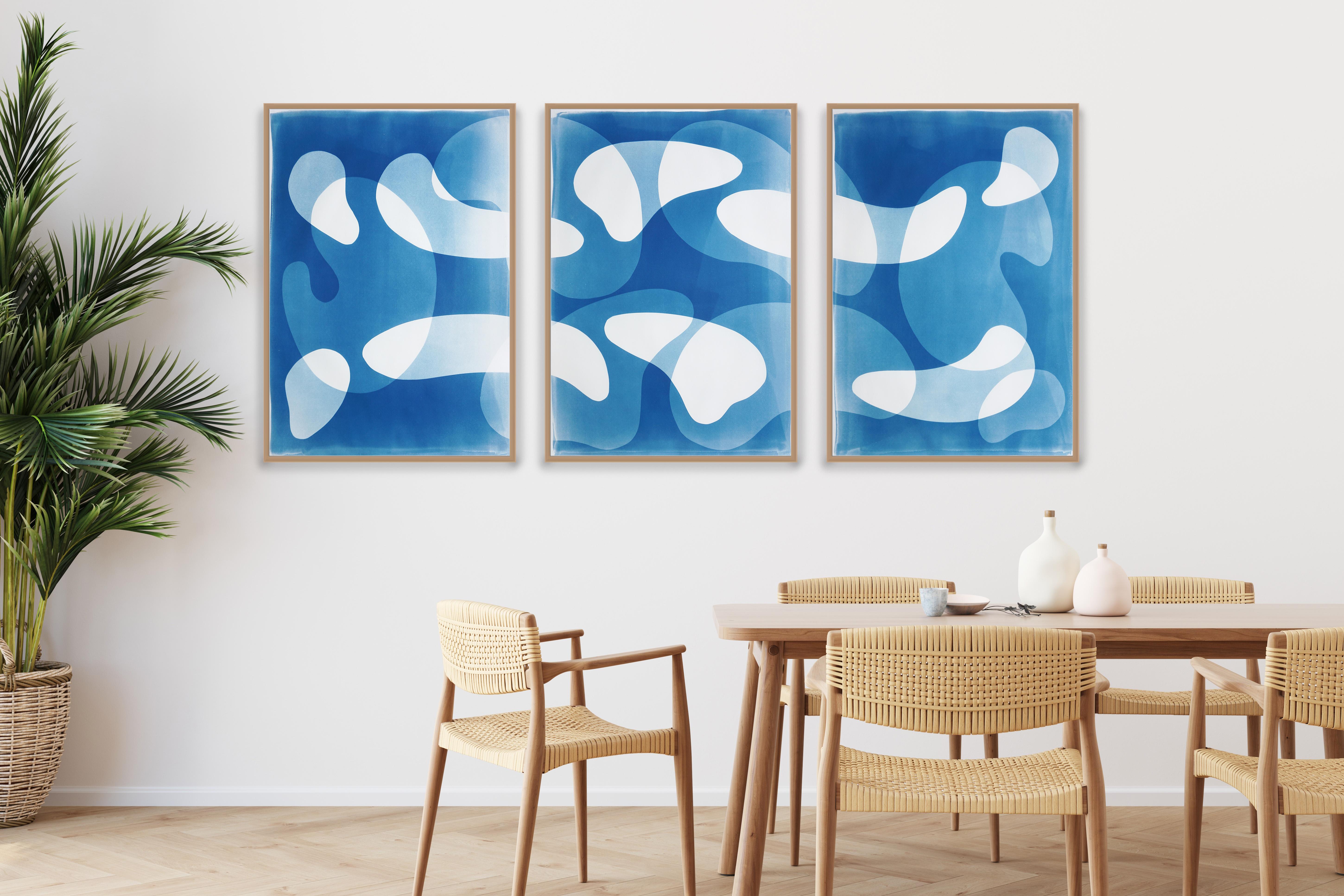 Blue Floating Mobile, Unique Cyanotype Triptych in Blue, Abstract Organic Shapes - Post-Modern Painting by Kind of Cyan