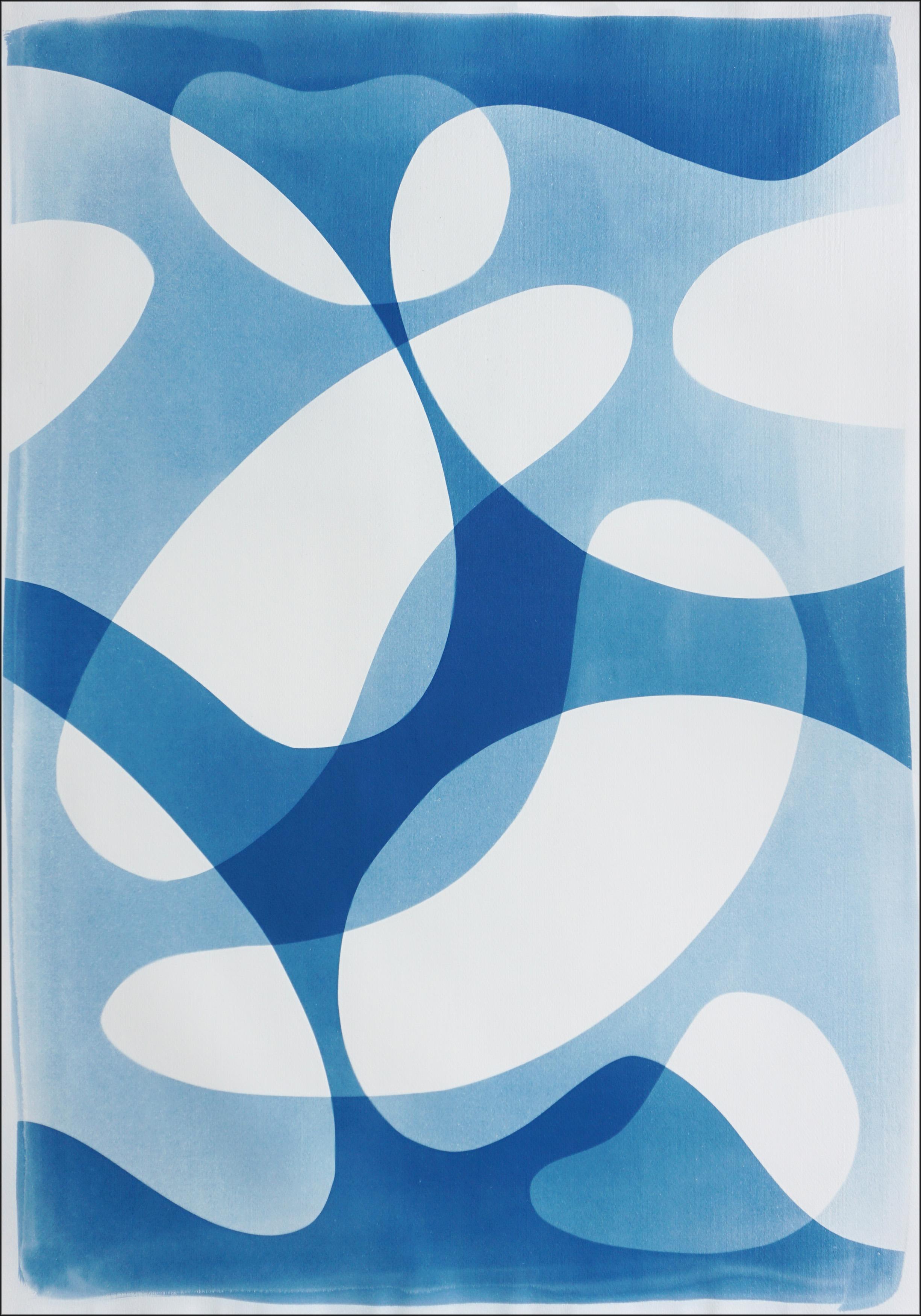 Blue Floating Mobile, Unique Cyanotype Triptych in Blue, Abstract Organic Shapes For Sale 1