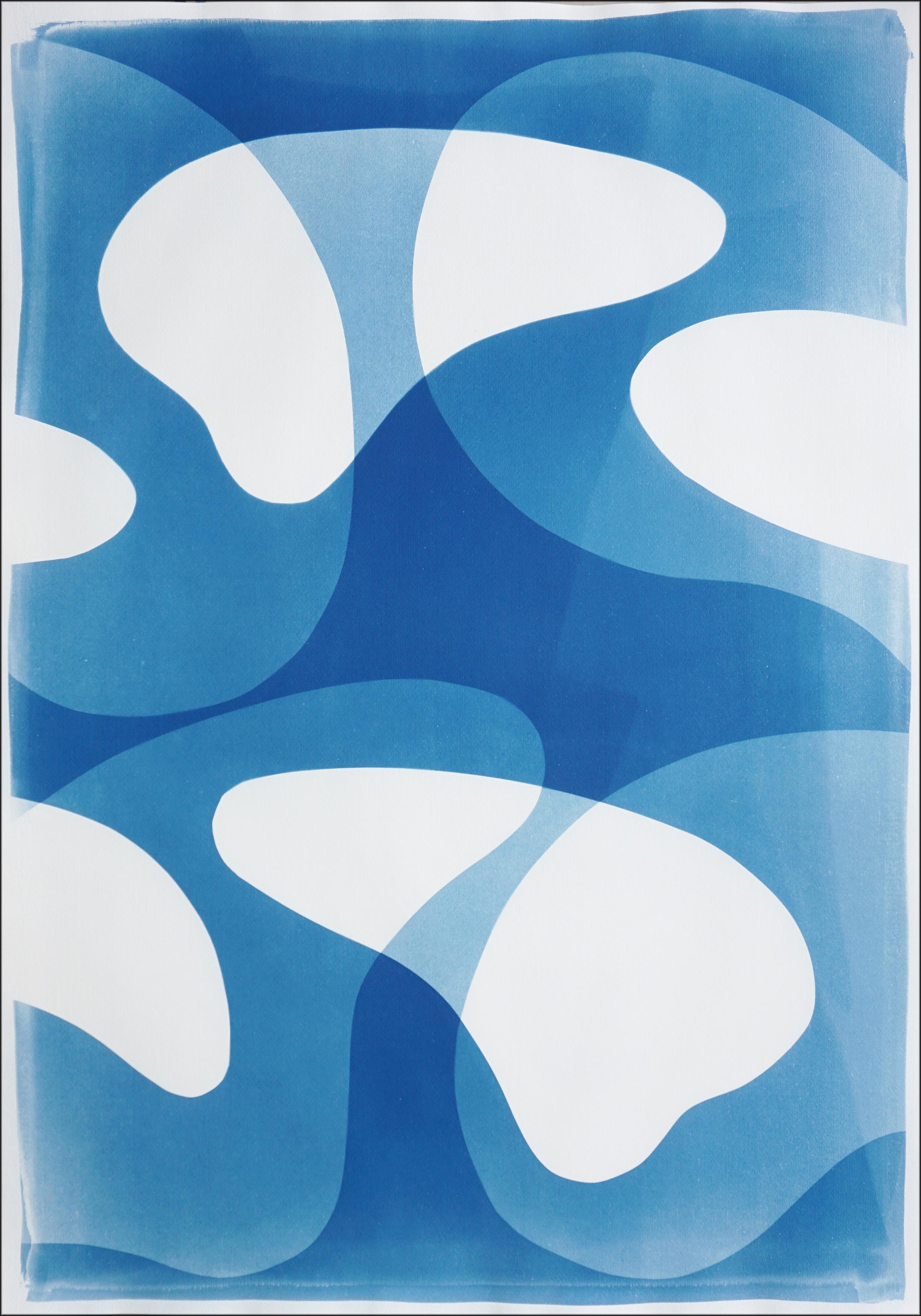 Blue Floating Mobile, Unique Cyanotype Triptych in Blue, Abstract Organic Shapes For Sale 1