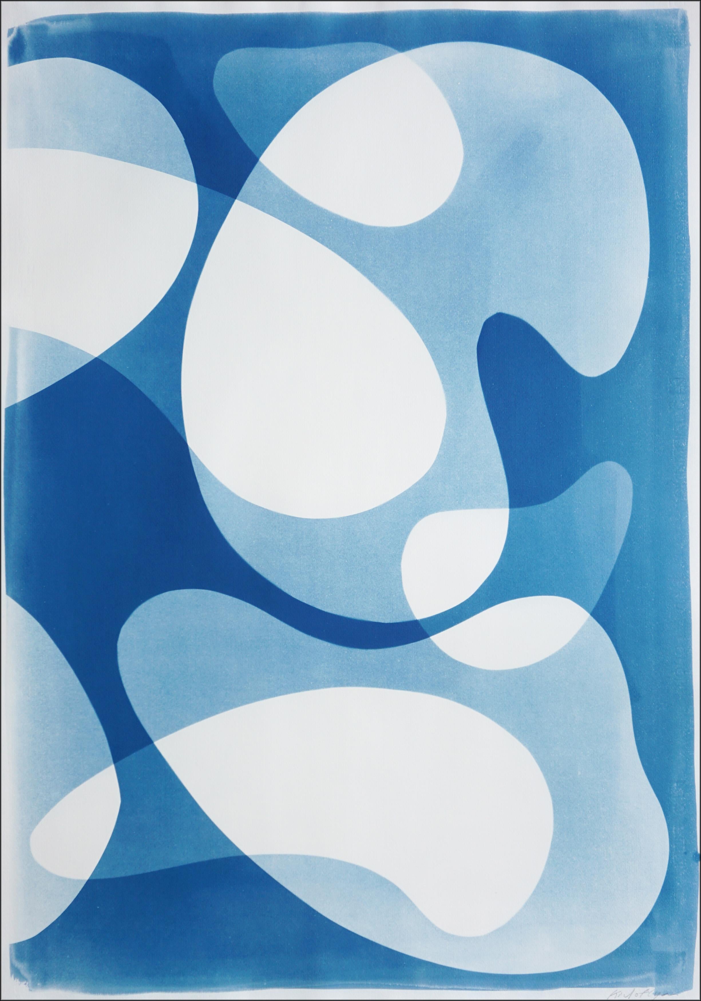 Blue Floating Mobile, Unique Cyanotype Triptych in Blue, Abstract Organic Shapes For Sale 2