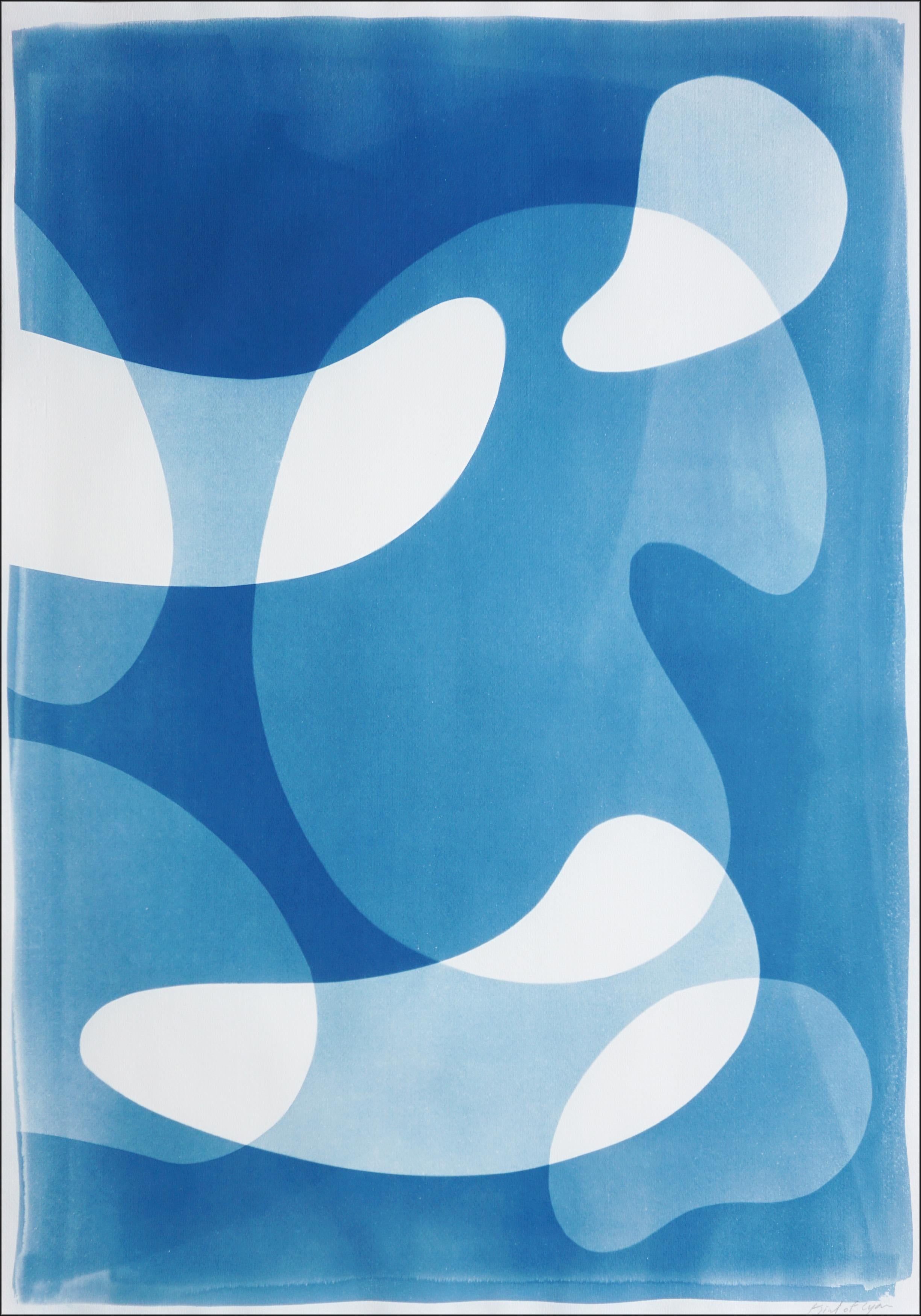 Blue Floating Mobile, Unique Cyanotype Triptych in Blue, Abstract Organic Shapes For Sale 2