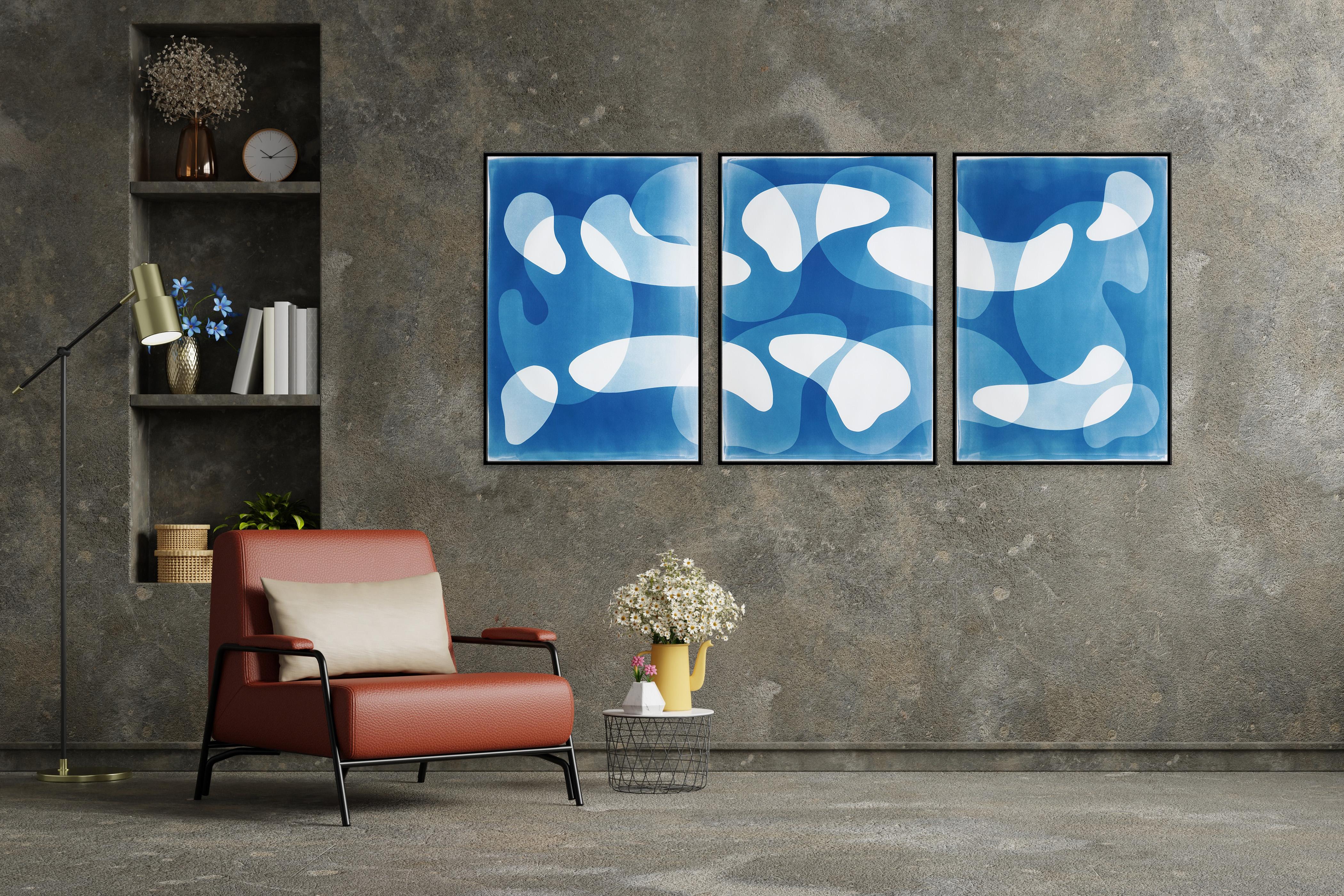 Blue Floating Mobile, Unique Cyanotype Triptych in Blue, Abstract Organic Shapes For Sale 3