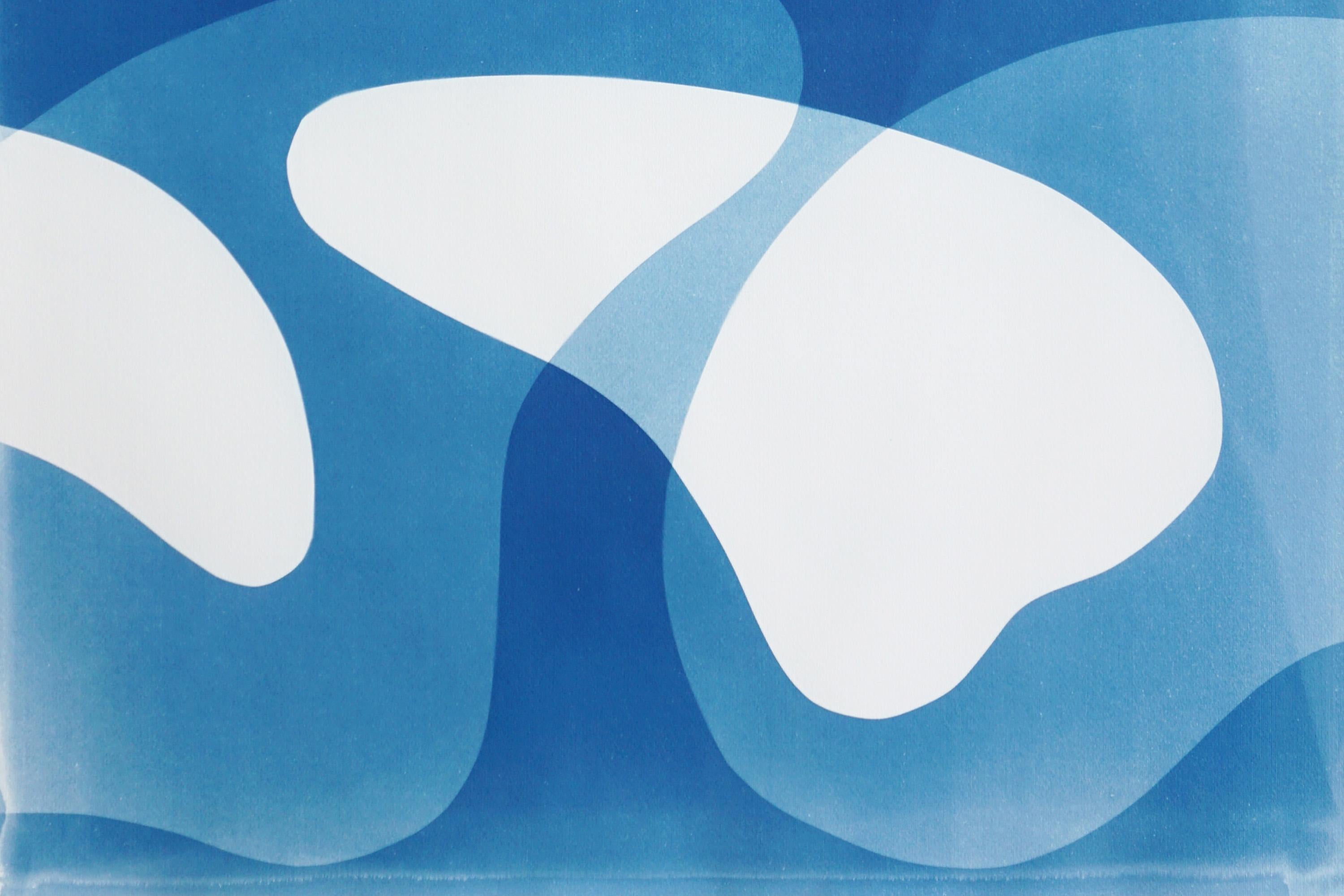 Blue Floating Mobile, Unique Cyanotype Triptych in Blue, Abstract Organic Shapes For Sale 4