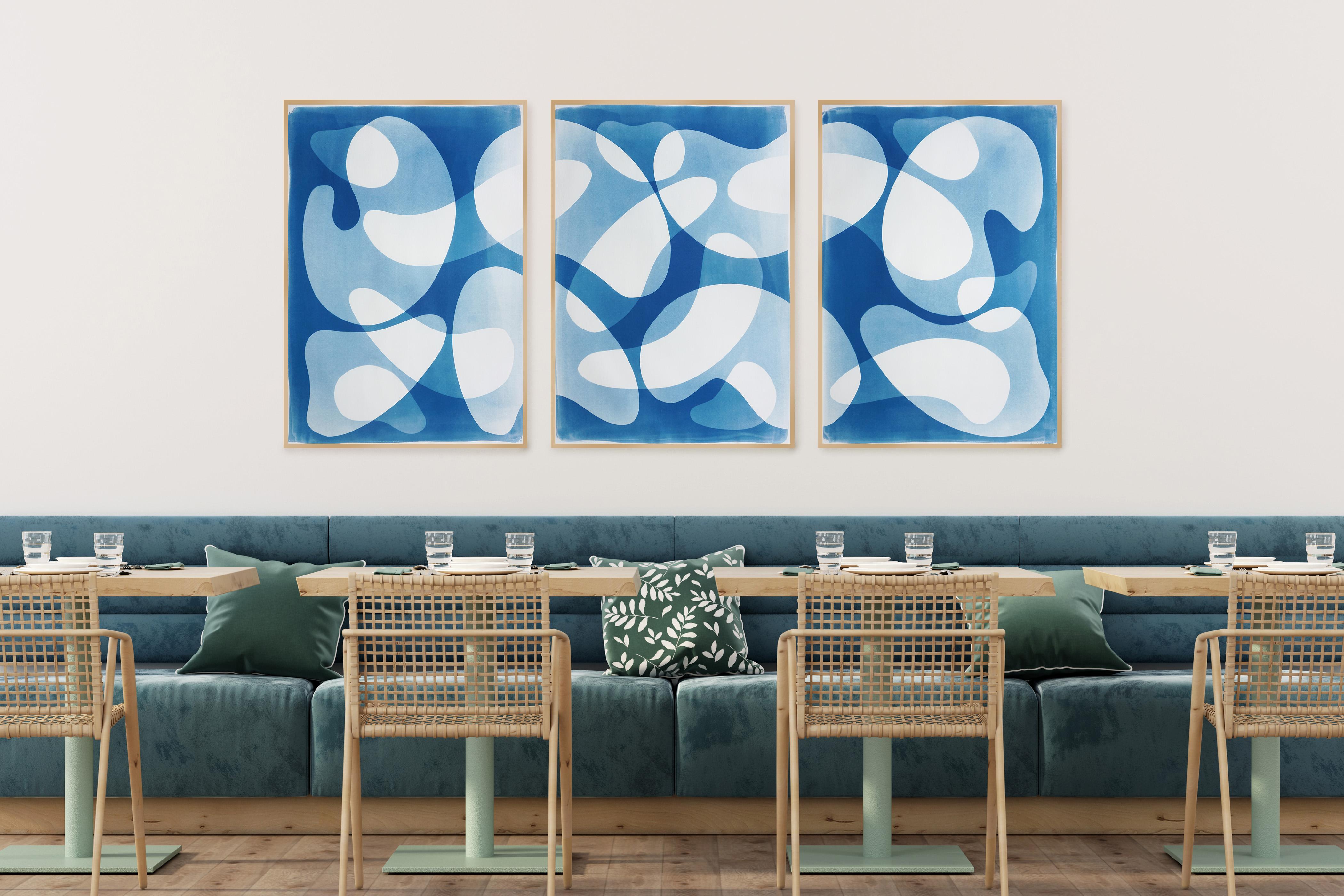 Blue Floating Mobile, Unique Cyanotype Triptych in Blue, Abstract Organic Shapes For Sale 5