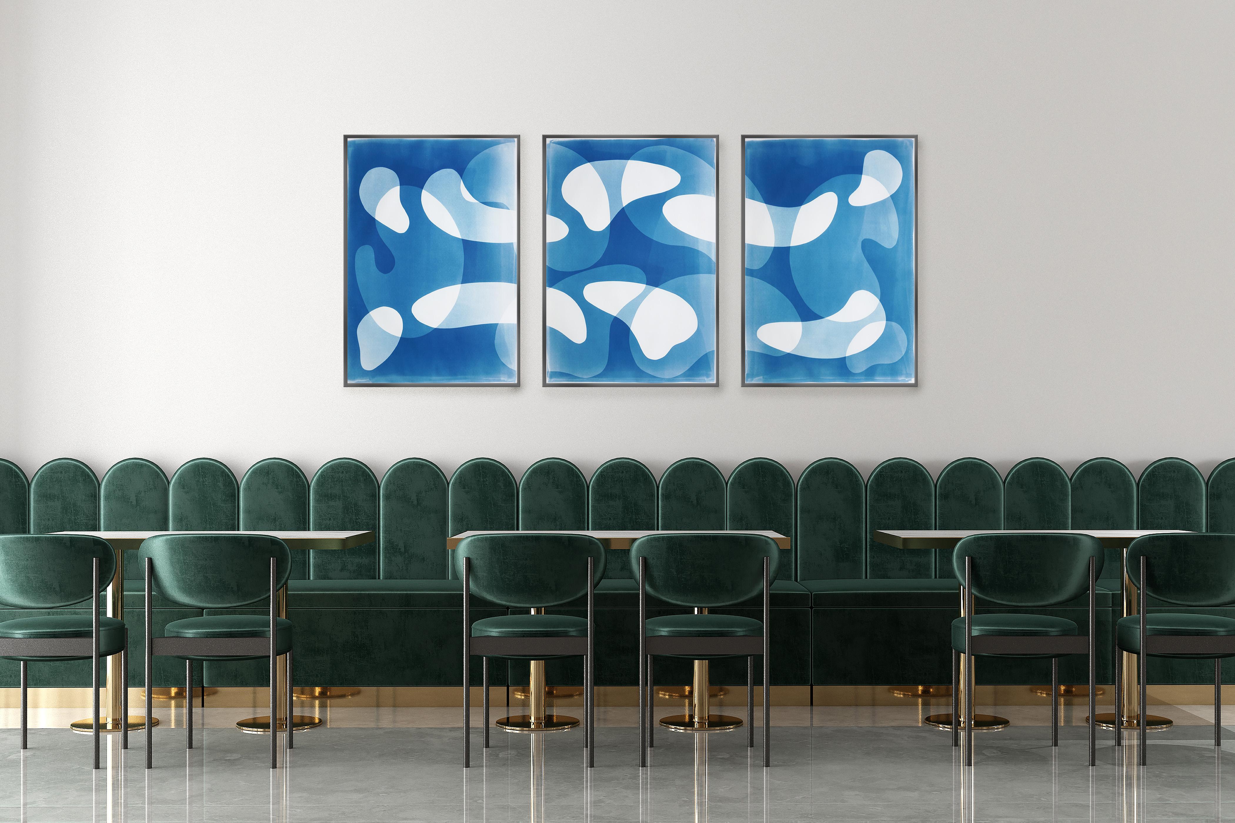Blue Floating Mobile, Unique Cyanotype Triptych in Blue, Abstract Organic Shapes For Sale 5