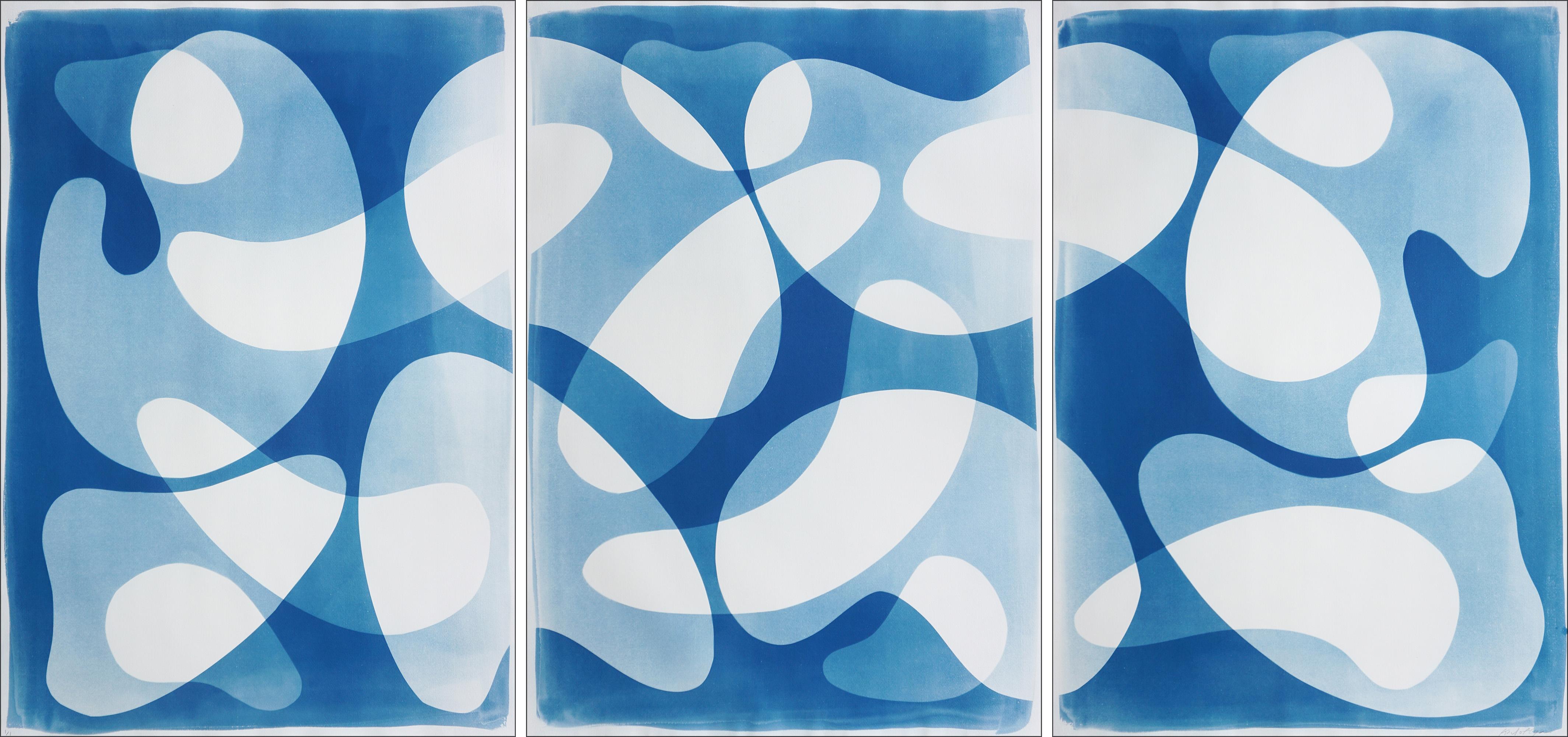 Kind of Cyan Landscape Painting - Blue Floating Mobile, Unique Cyanotype Triptych in Blue, Abstract Organic Shapes