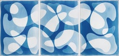 Blue Floating Mobile, Unique Cyanotype Triptych in Blue, Abstract Organic Shapes