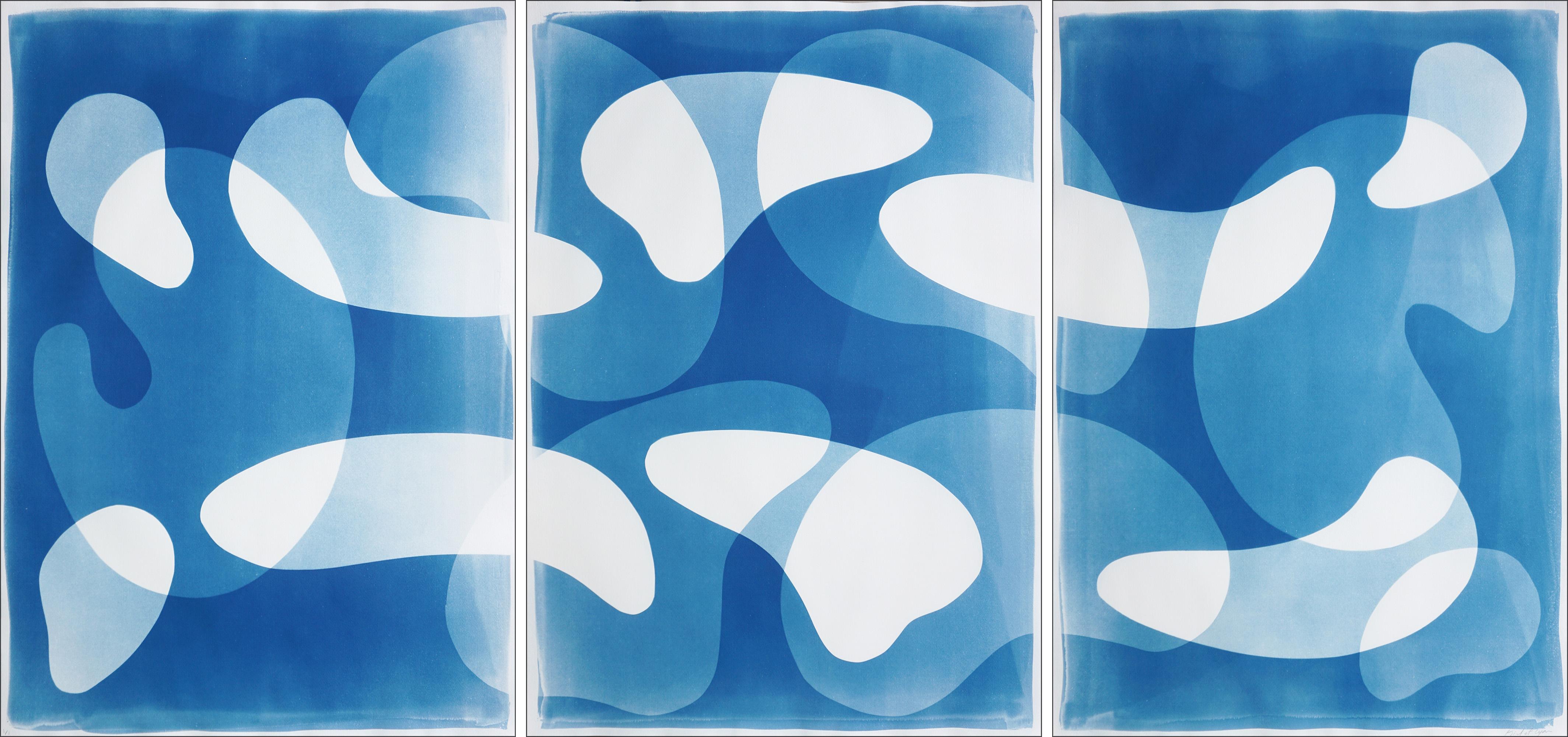 Kind of Cyan Abstract Painting - Blue Floating Mobile, Unique Cyanotype Triptych in Blue, Abstract Organic Shapes