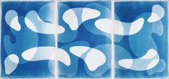 Blue Floating Mobile, Unique Cyanotype Triptych in Blue, Abstract Organic Shapes
