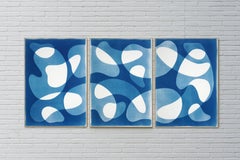 Blue Floating Mobile, Unique Monotype Cyanotype Triptych, Modern Shapes on Paper