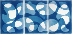 Blue Floating Mobile, Unique Monotype Cyanotype Triptych, Modern Shapes on Paper