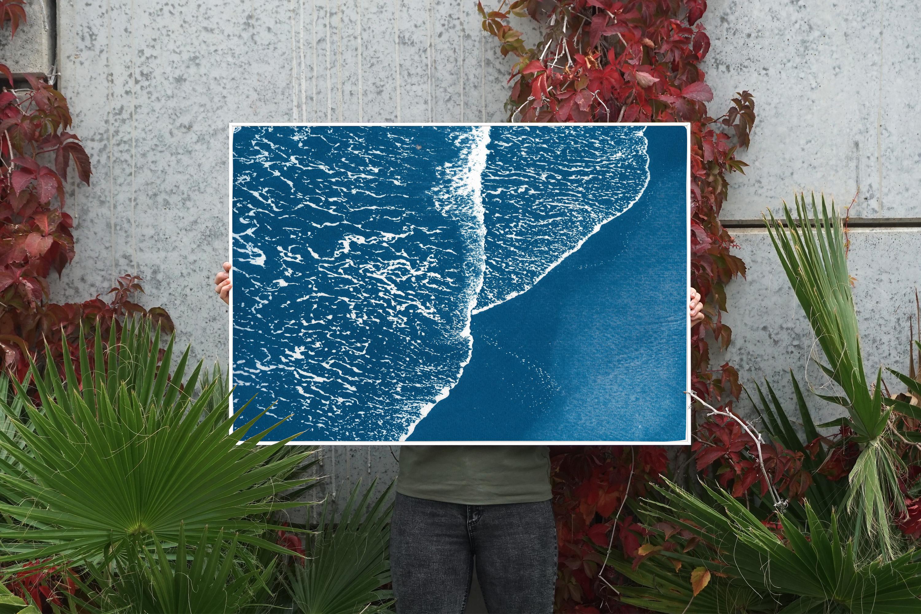Blue Pacific Foamy Shorelines, Calm Seascape Handmade Cyanotype Waterolor Paper  - Painting by Kind of Cyan