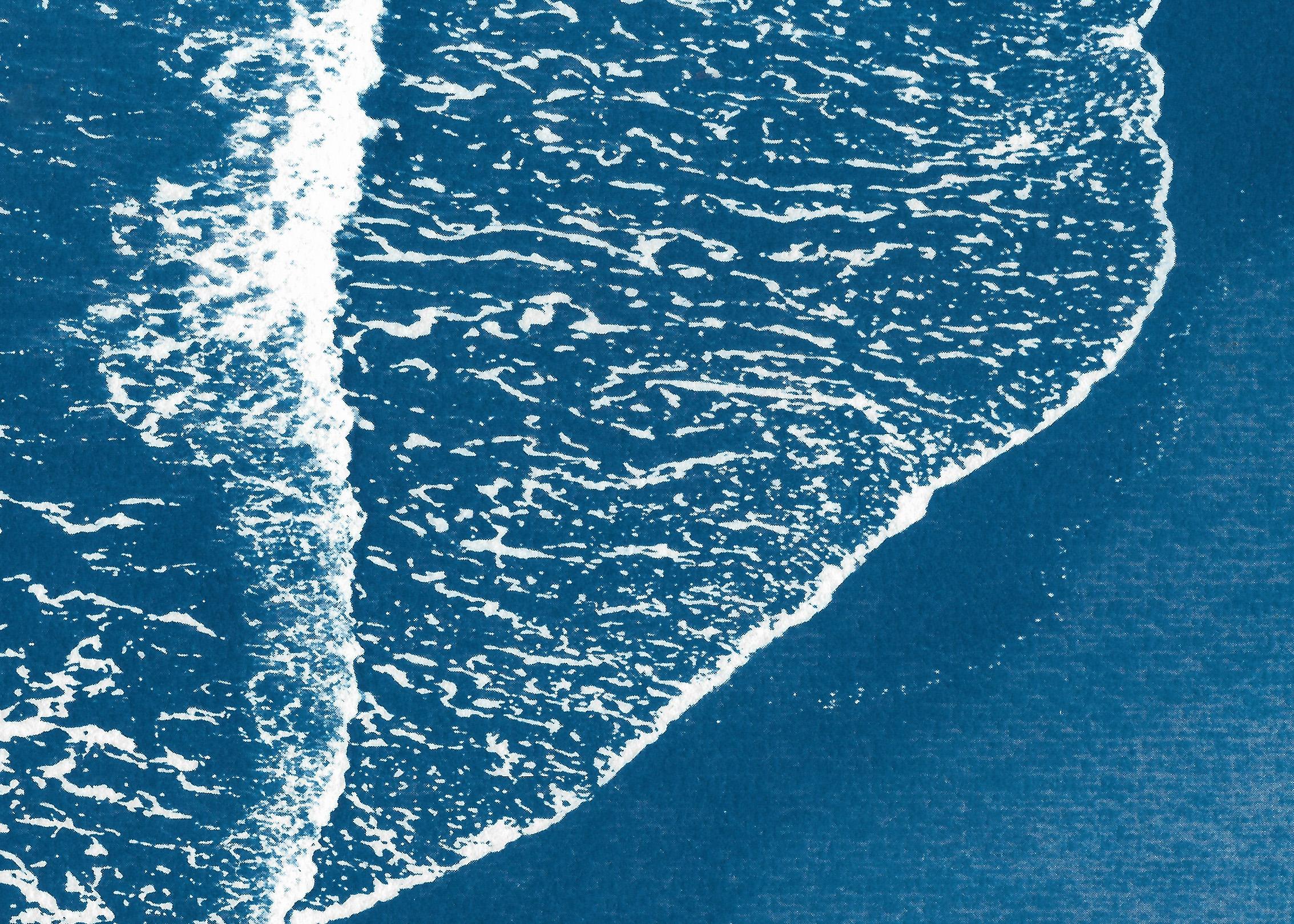 Blue Pacific Foamy Shorelines, Calm Seascape Handmade Cyanotype Waterolor Paper  - Minimalist Painting by Kind of Cyan