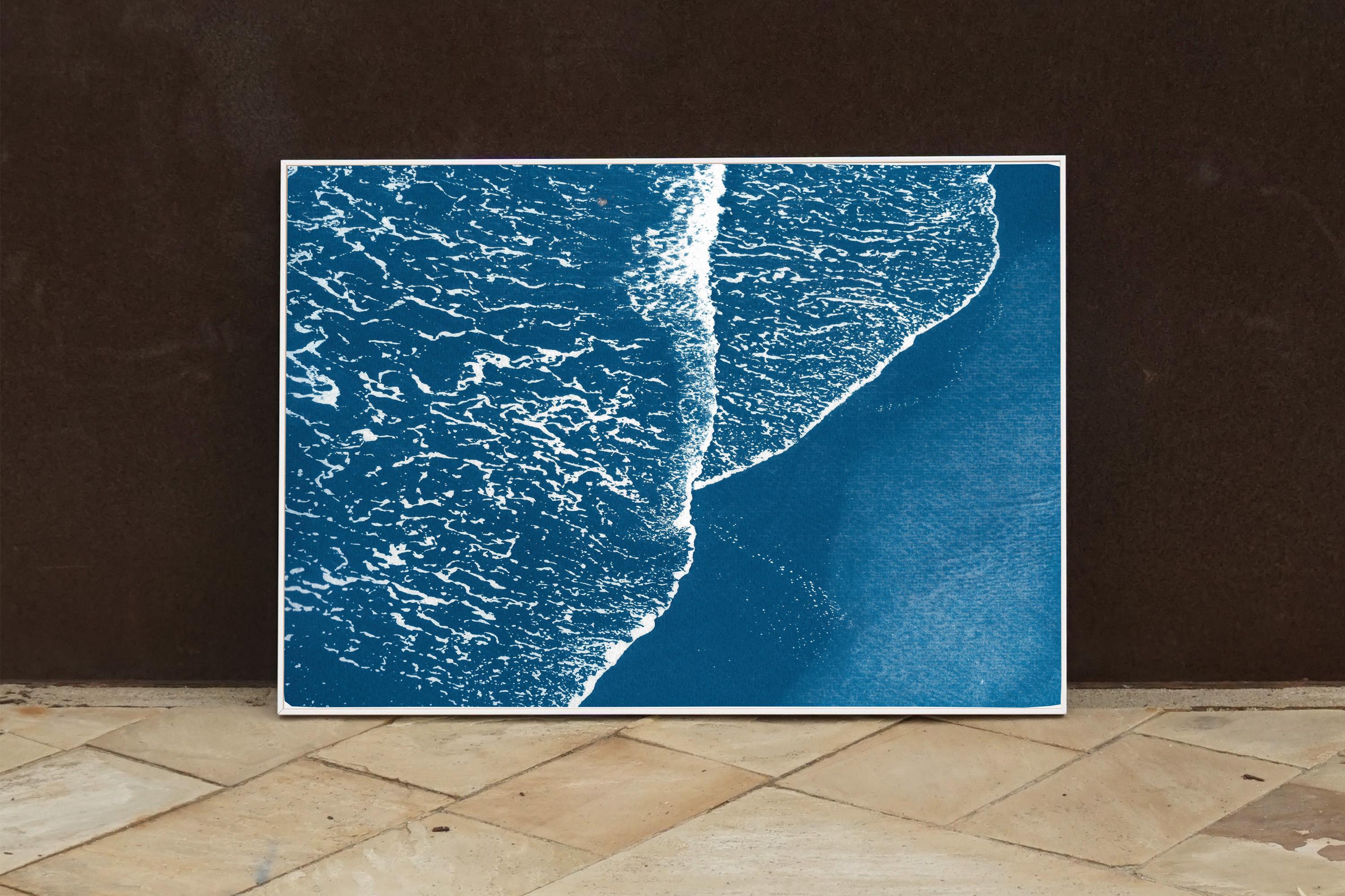 Blue Pacific Foamy Shorelines, Calm Seascape Handmade Cyanotype Waterolor Paper  1