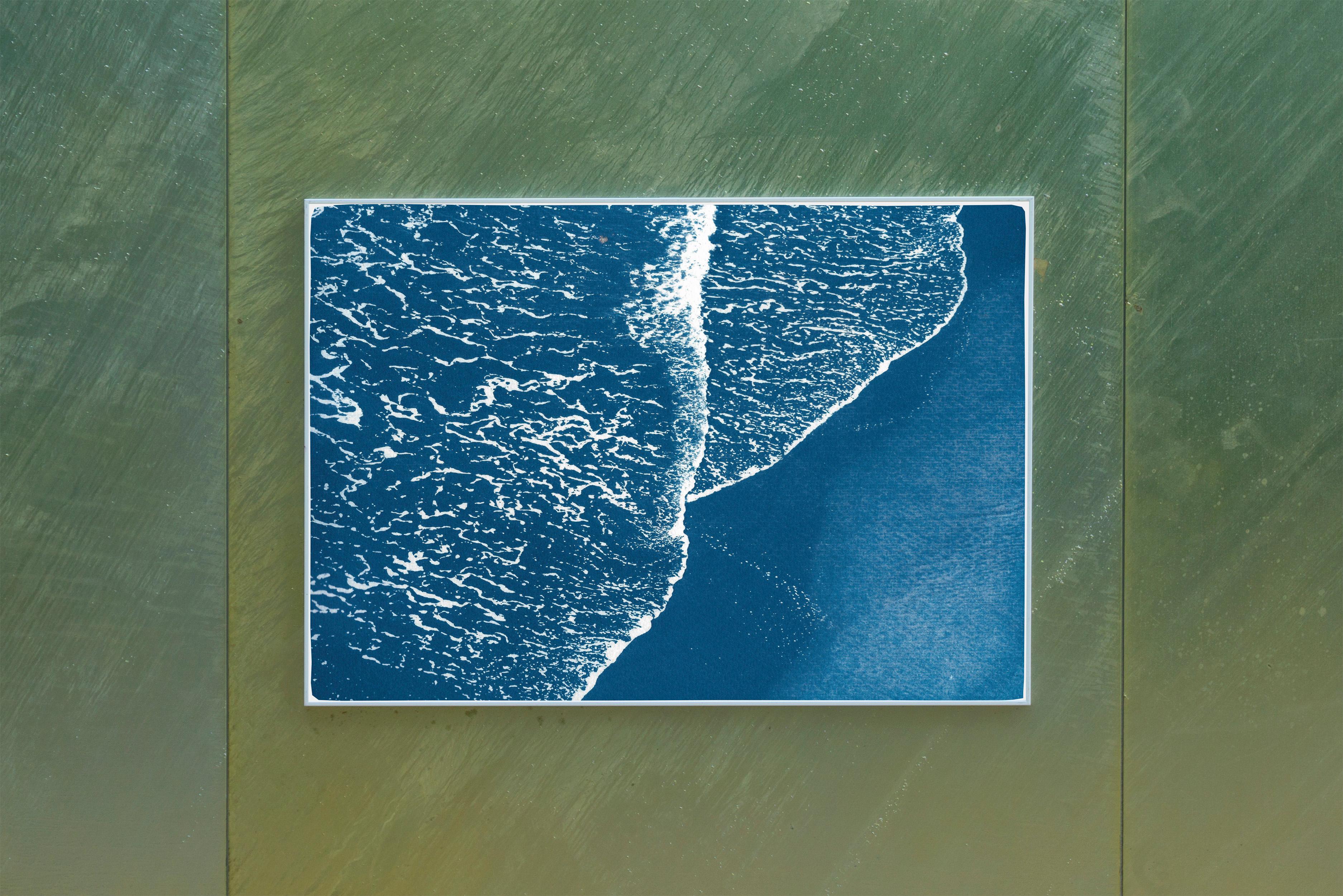 Blue Pacific Foamy Shorelines, Calm Seascape Handmade Cyanotype Waterolor Paper  2