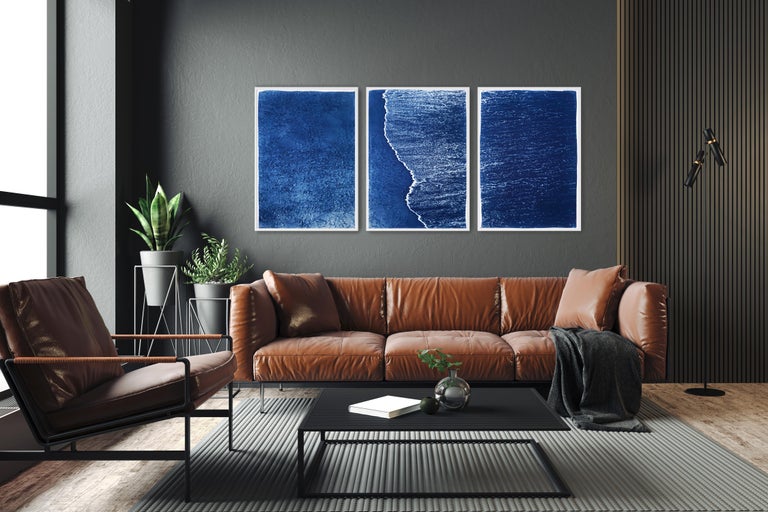 Blue Subtle Seascape of Calm Costa Rica Shore, Minimal Triptych Cyanotype  - Painting by Kind of Cyan
