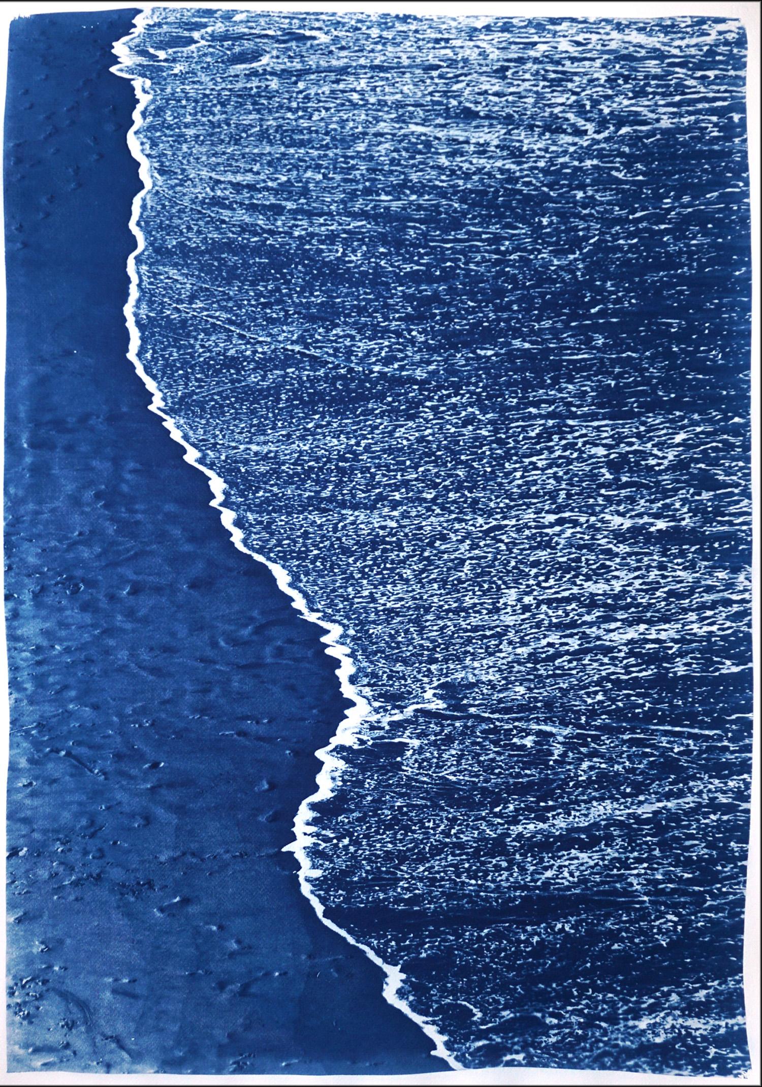 Blue Subtle Seascape of Calm Costa Rica Shore, Minimal Triptych Cyanotype 1