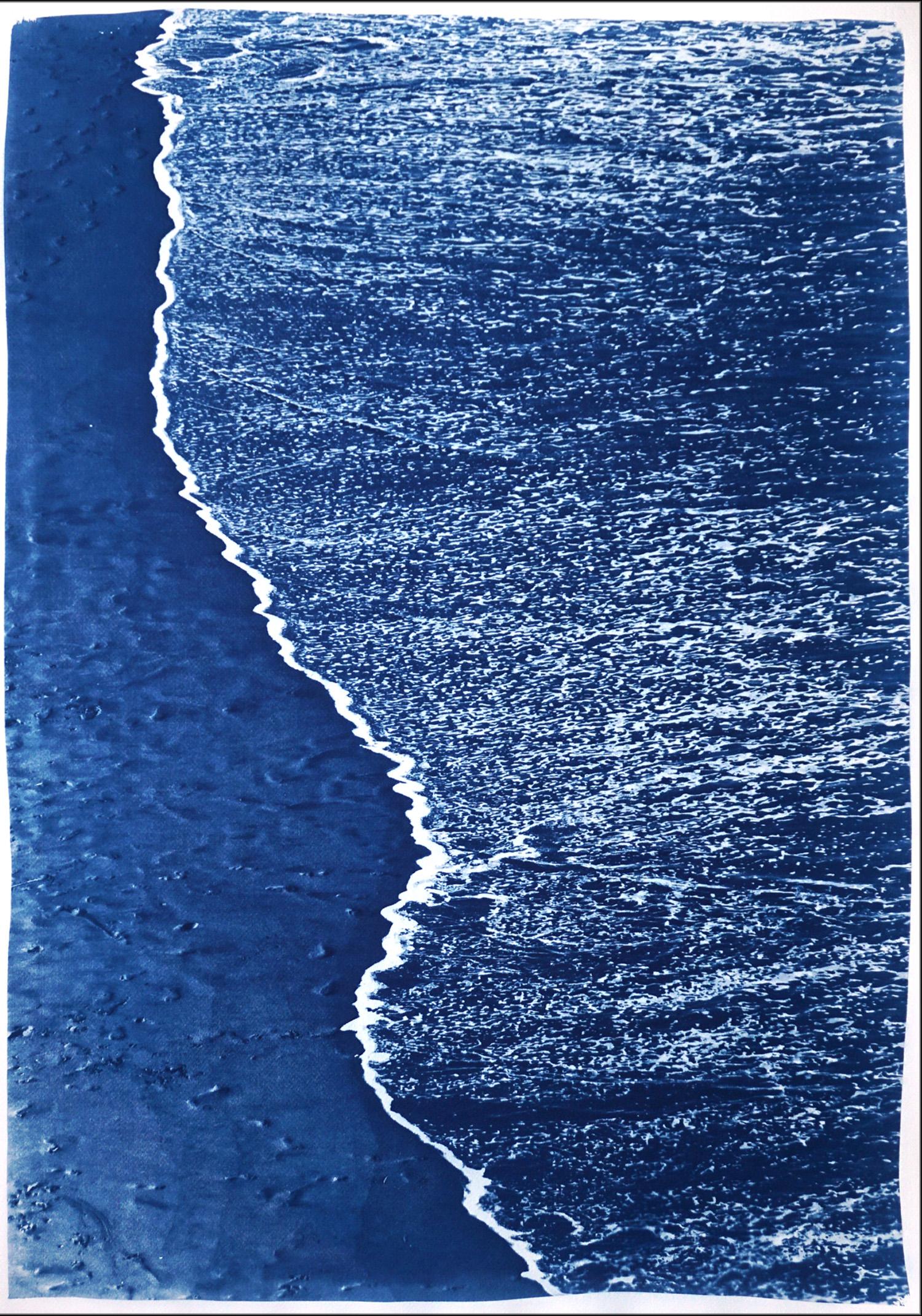 Blue Subtle Seascape of Calm Costa Rica Shore, Minimal Triptych Cyanotype  For Sale 1