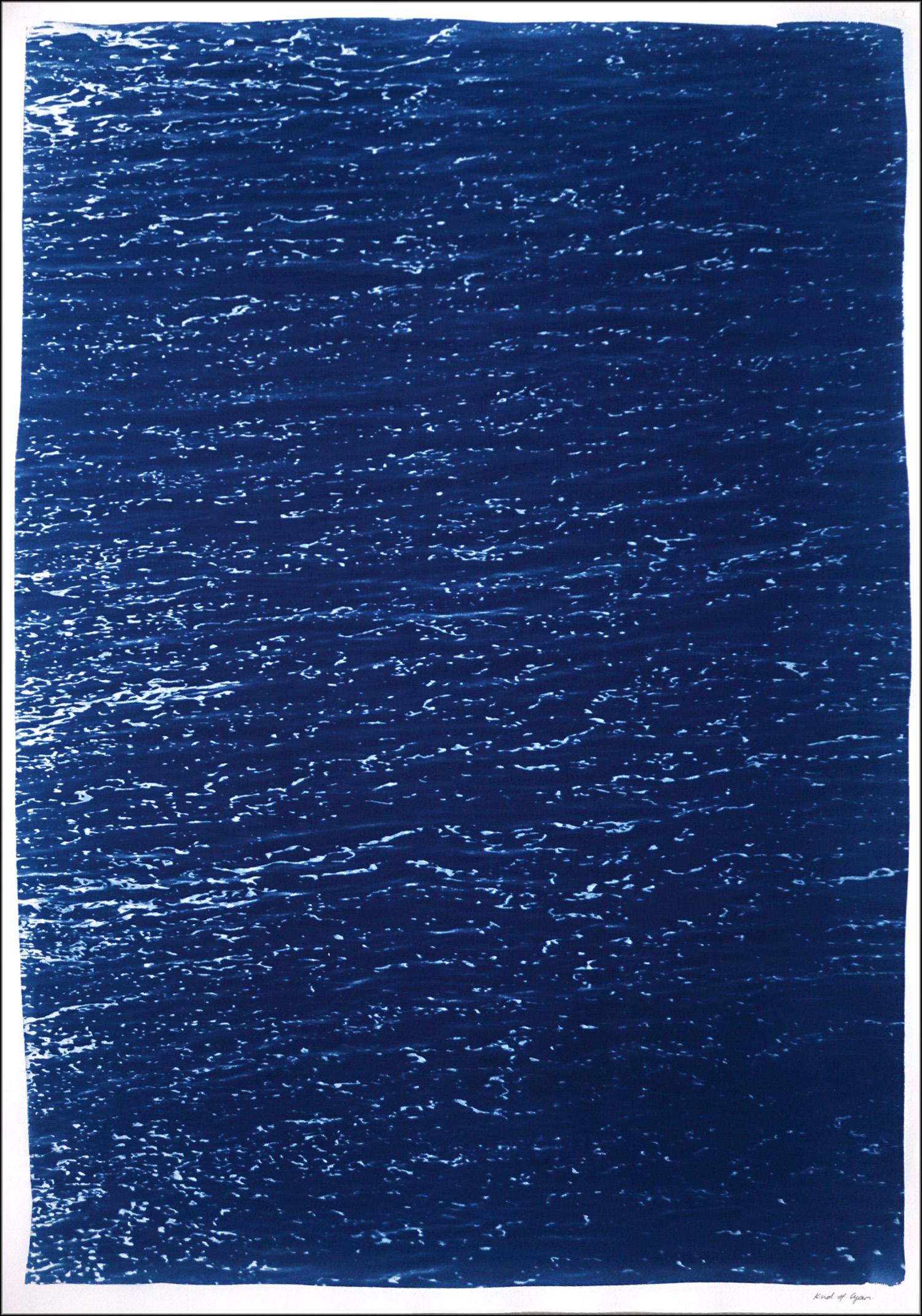 Blue Subtle Seascape of Calm Costa Rica Shore, Minimal Triptych Cyanotype 2