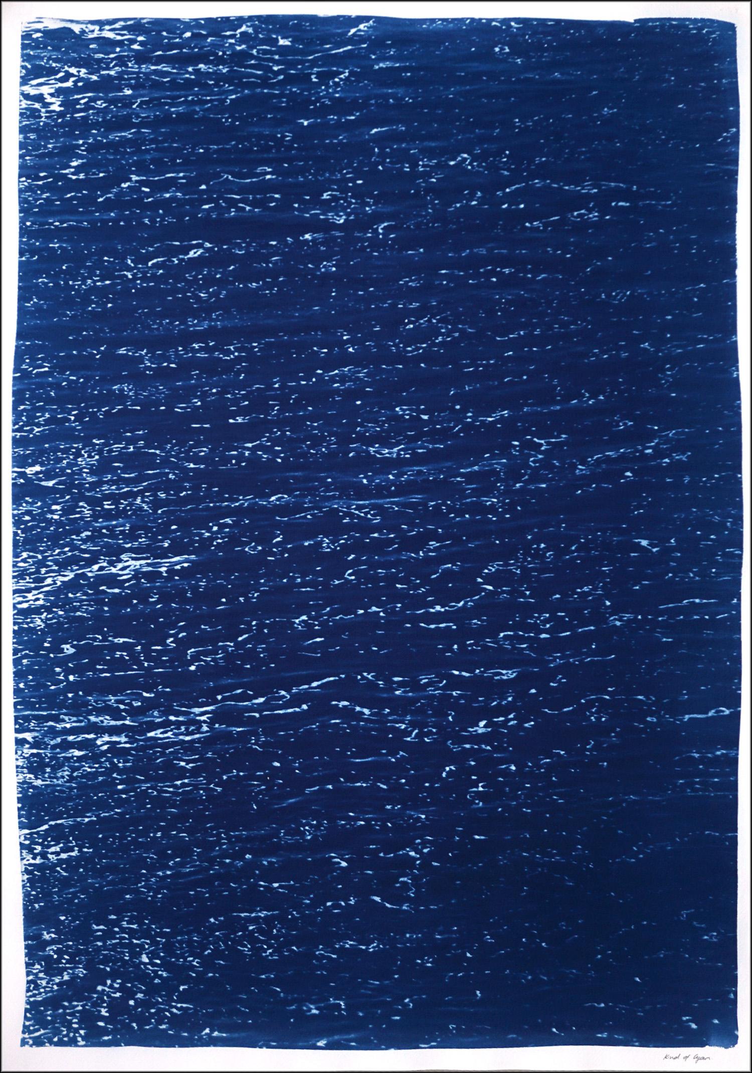 Blue Subtle Seascape of Calm Costa Rica Shore, Minimal Triptych Cyanotype  For Sale 2