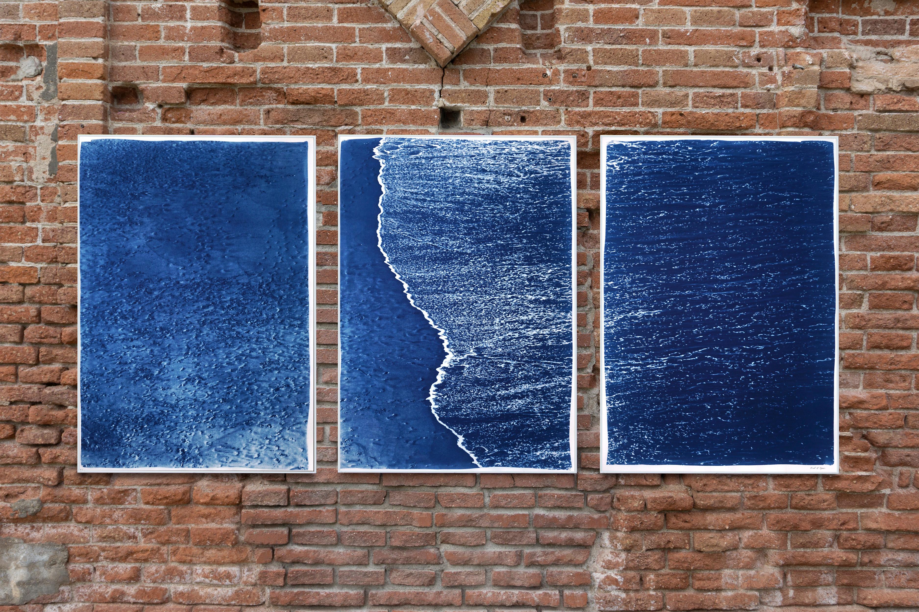 Blue Subtle Seascape of Calm Costa Rica Shore, Minimal Triptych Cyanotype 3