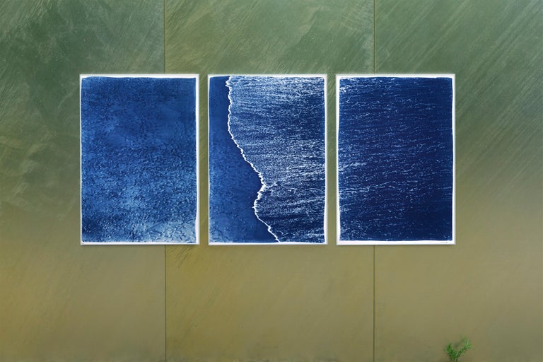 Blue Subtle Seascape of Calm Costa Rica Shore, Minimal Triptych Cyanotype  For Sale 4