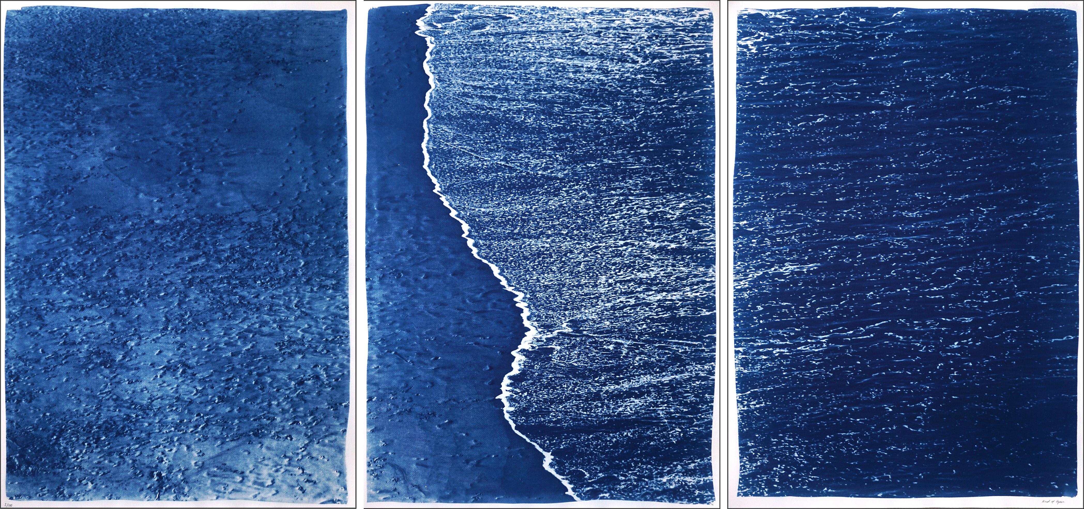 Kind of Cyan Landscape Print - Blue Subtle Seascape of Calm Costa Rica Shore, Minimal Triptych Cyanotype 