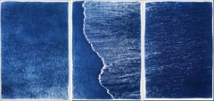 Blue Subtle Seascape of Calm Costa Rica Shore, Minimal Triptych Cyanotype 