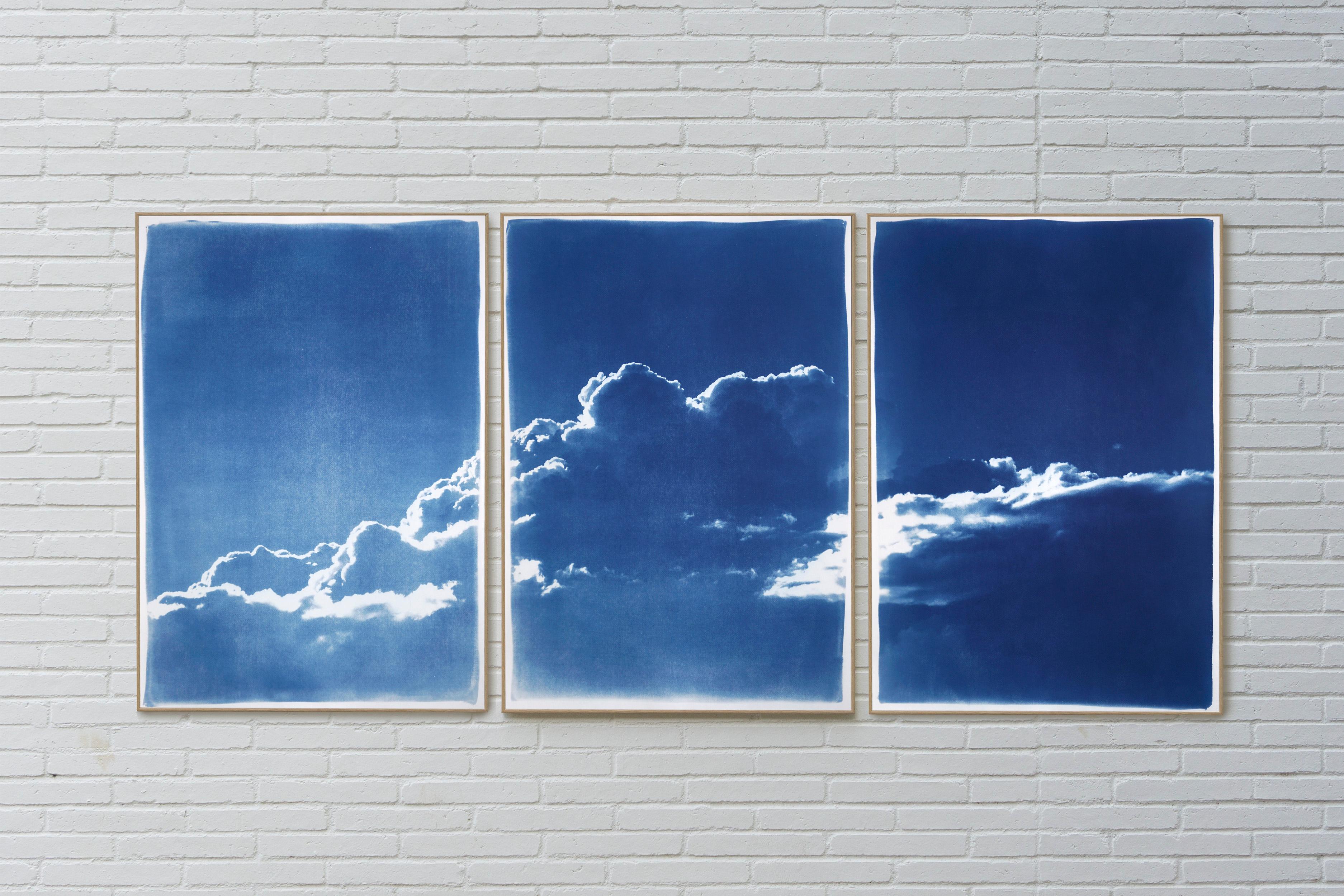 Blue Tones Triptych of Serene Cloudy Sky, Handmade Cyanotype Print on Paper 2021 2