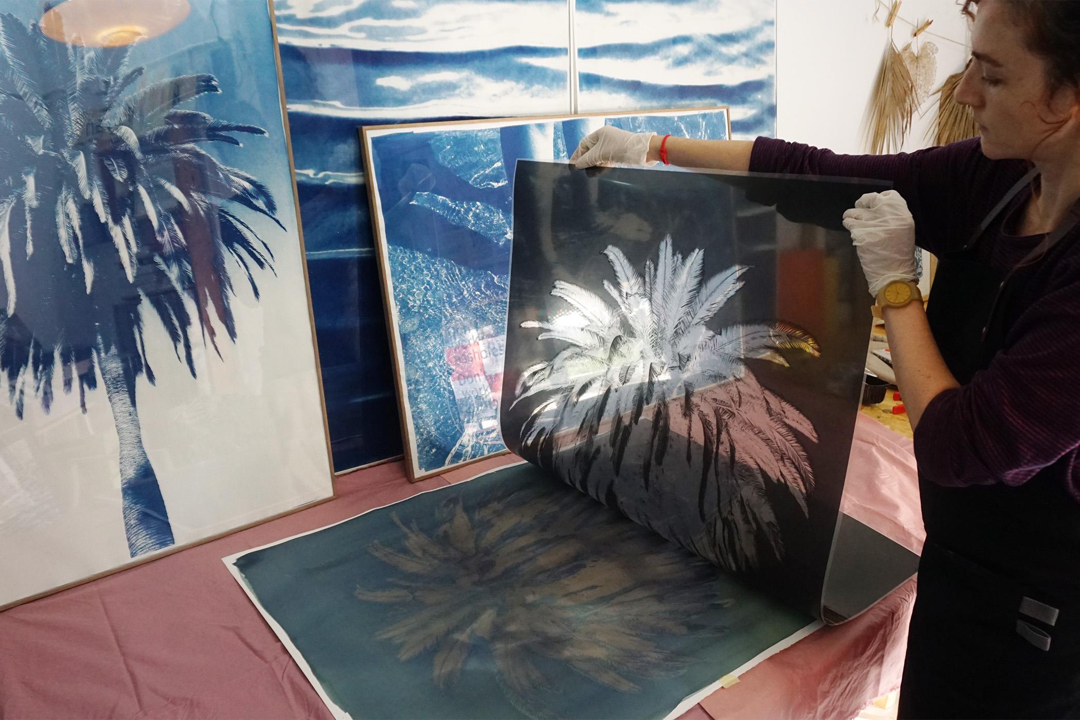 Blue Tones Triptych of Serene Cloudy Sky, Handmade Cyanotype Print on Paper 2021 7