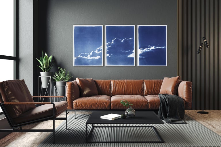 Blue Tones Triptych of Serene Cloudy Sky, Handmade Cyanotype Print on Paper 2021 For Sale 1