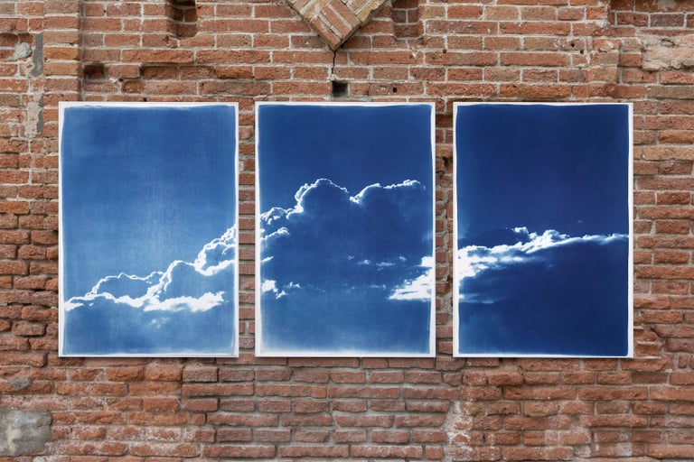 Blue Tones Triptych of Serene Cloudy Sky, Handmade Cyanotype Print on Paper 2021 6