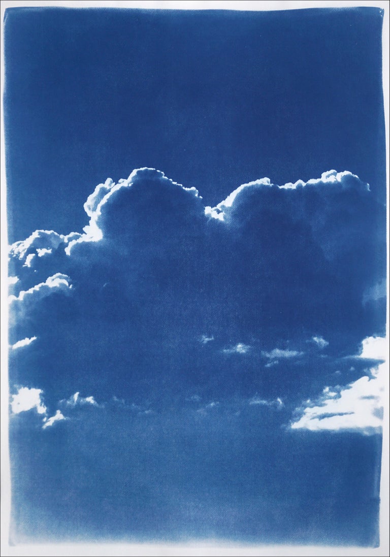 Blue Tones Triptych of Serene Cloudy Sky, Handmade Cyanotype Print on Paper 2021 3