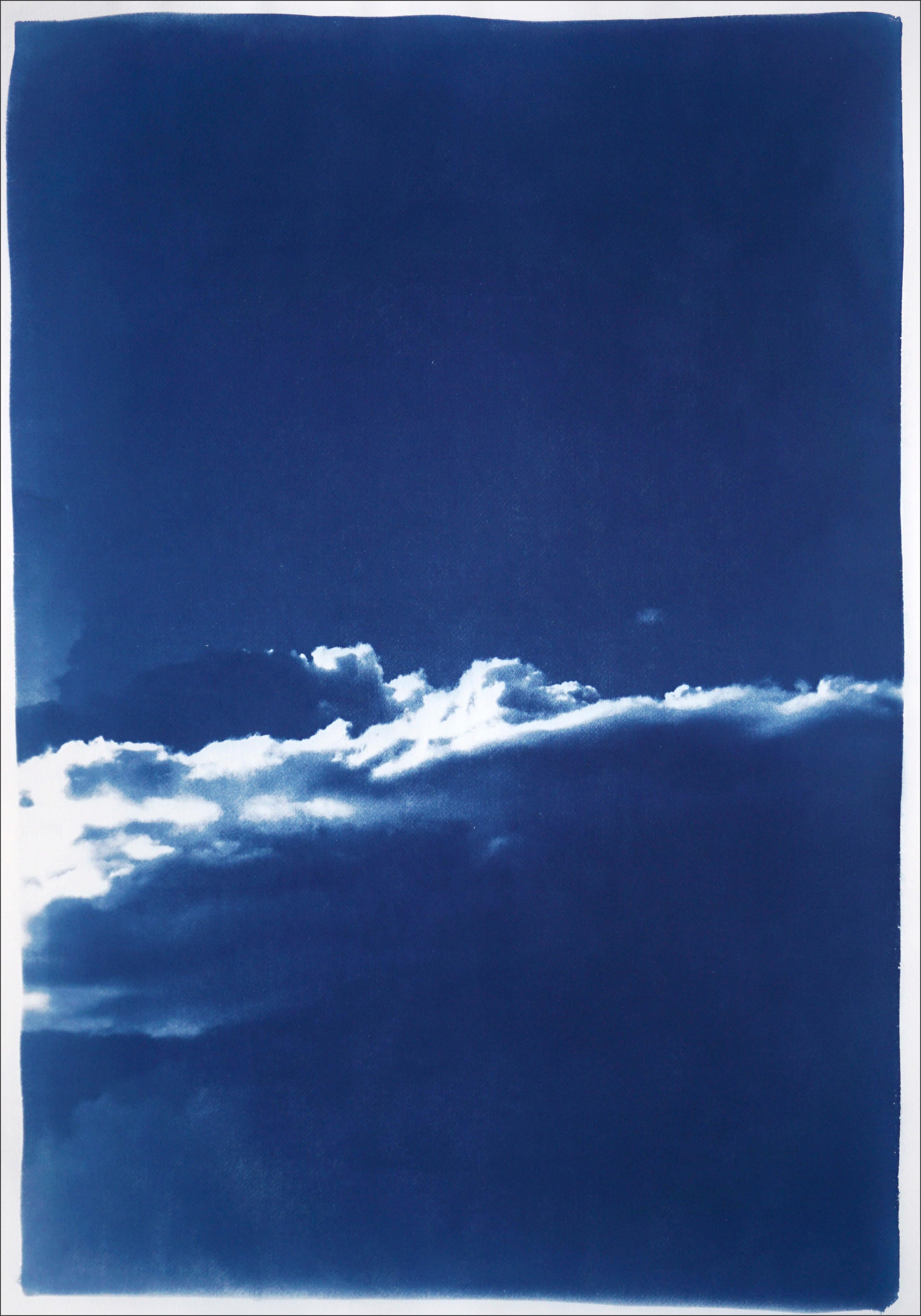 Blue Tones Triptych of Serene Cloudy Sky, Handmade Cyanotype Print on Paper 2021 1